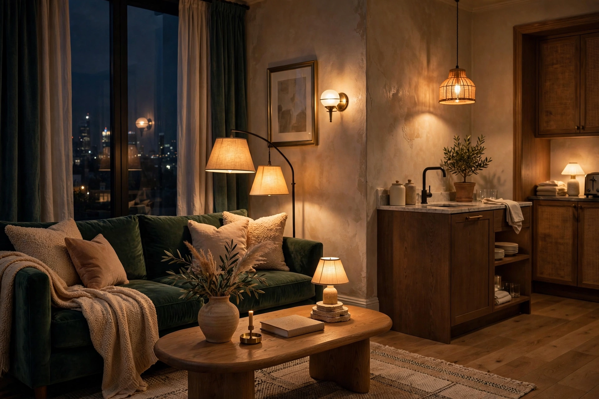 Studio apartment glowing with warm dimmed layered lighting in the evening looking luxurious