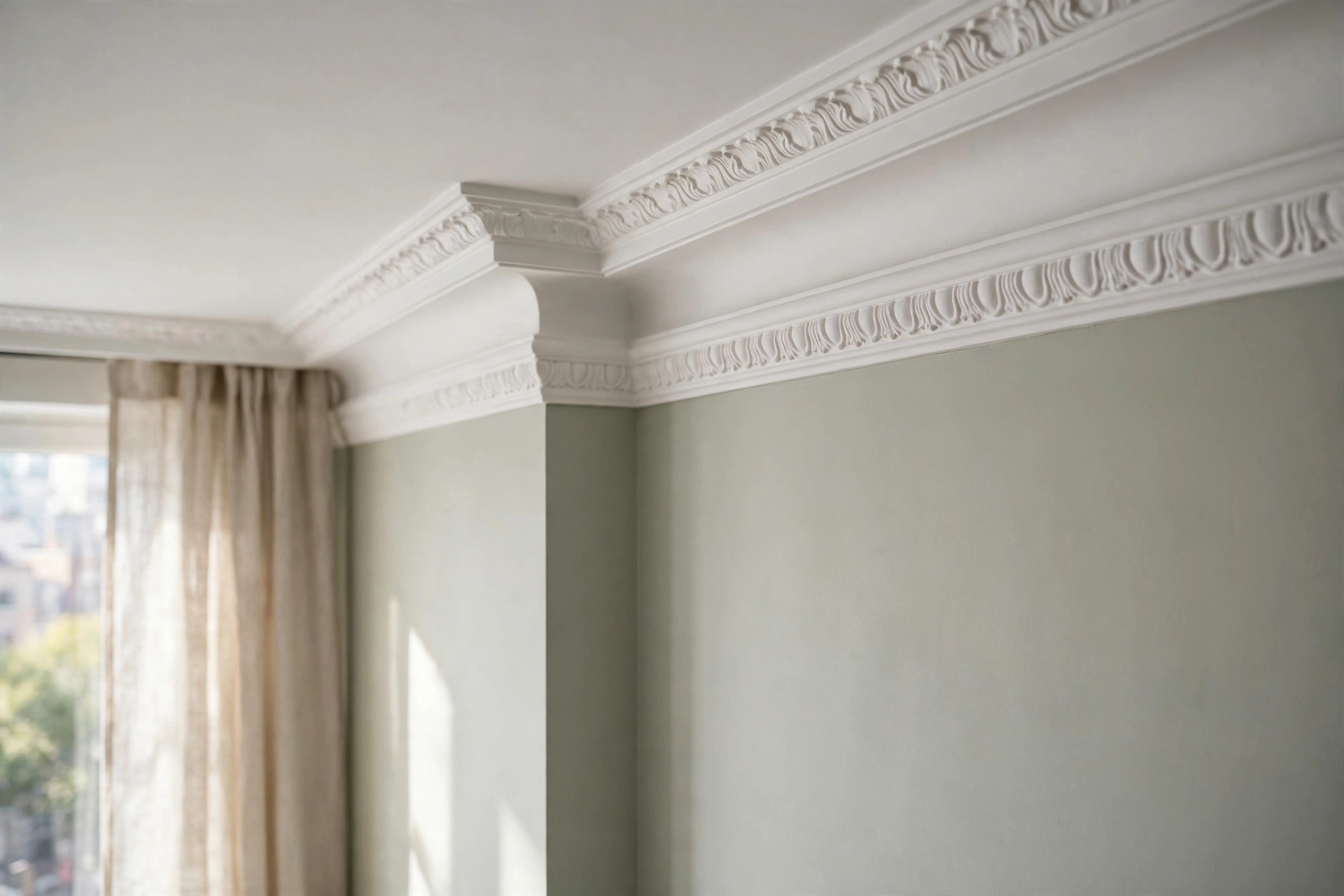 Elegant crown molding detail where wall meets ceiling in a refined studio apartment