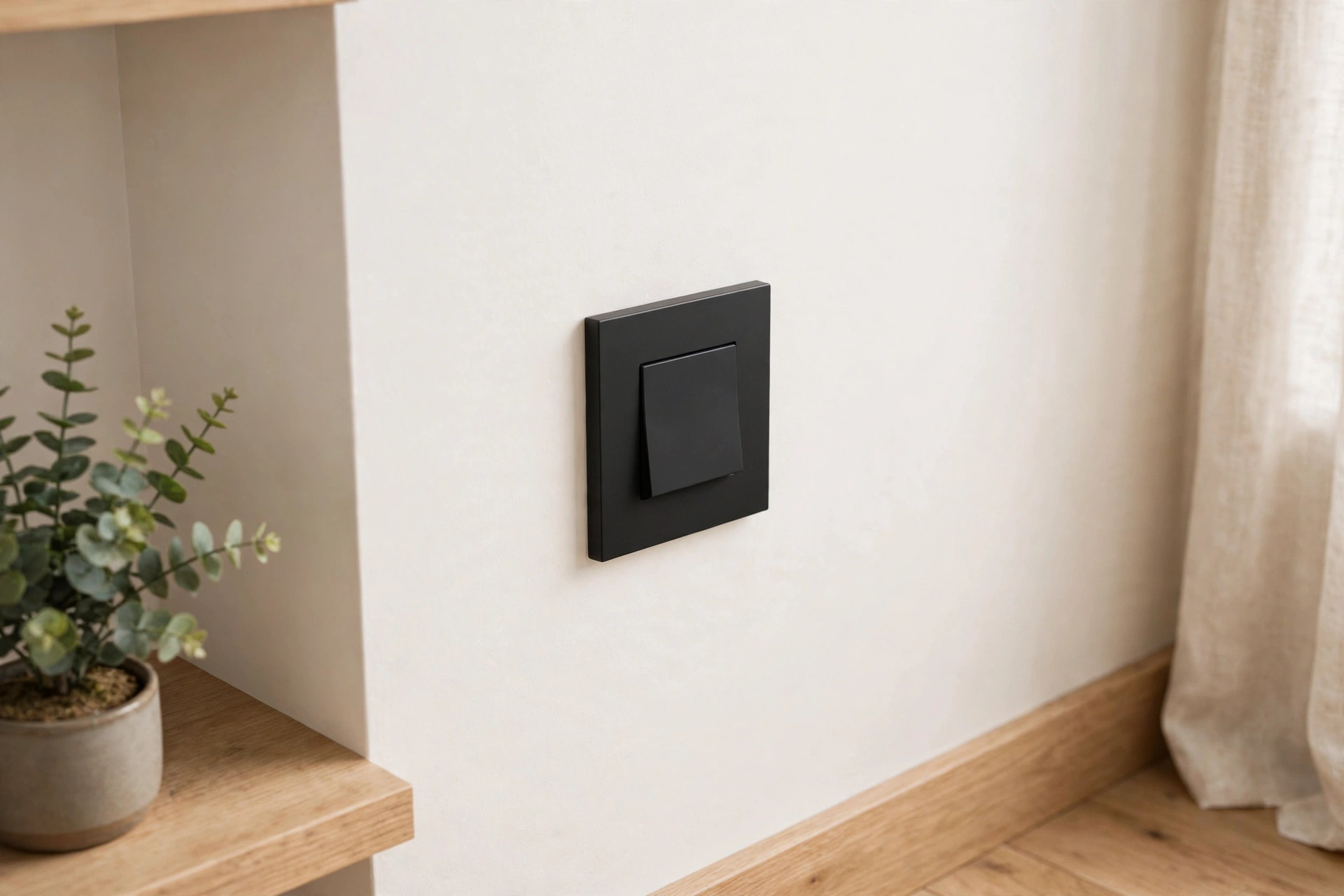 Modern screwless light switch plate on a freshly painted wall in a studio apartment