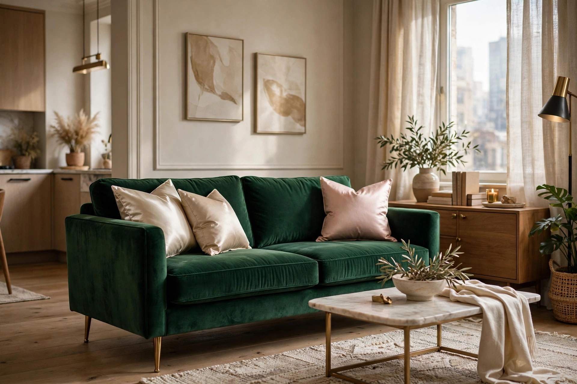 Sofa in rich emerald velvet slipcover looking expensive in a studio apartment living area