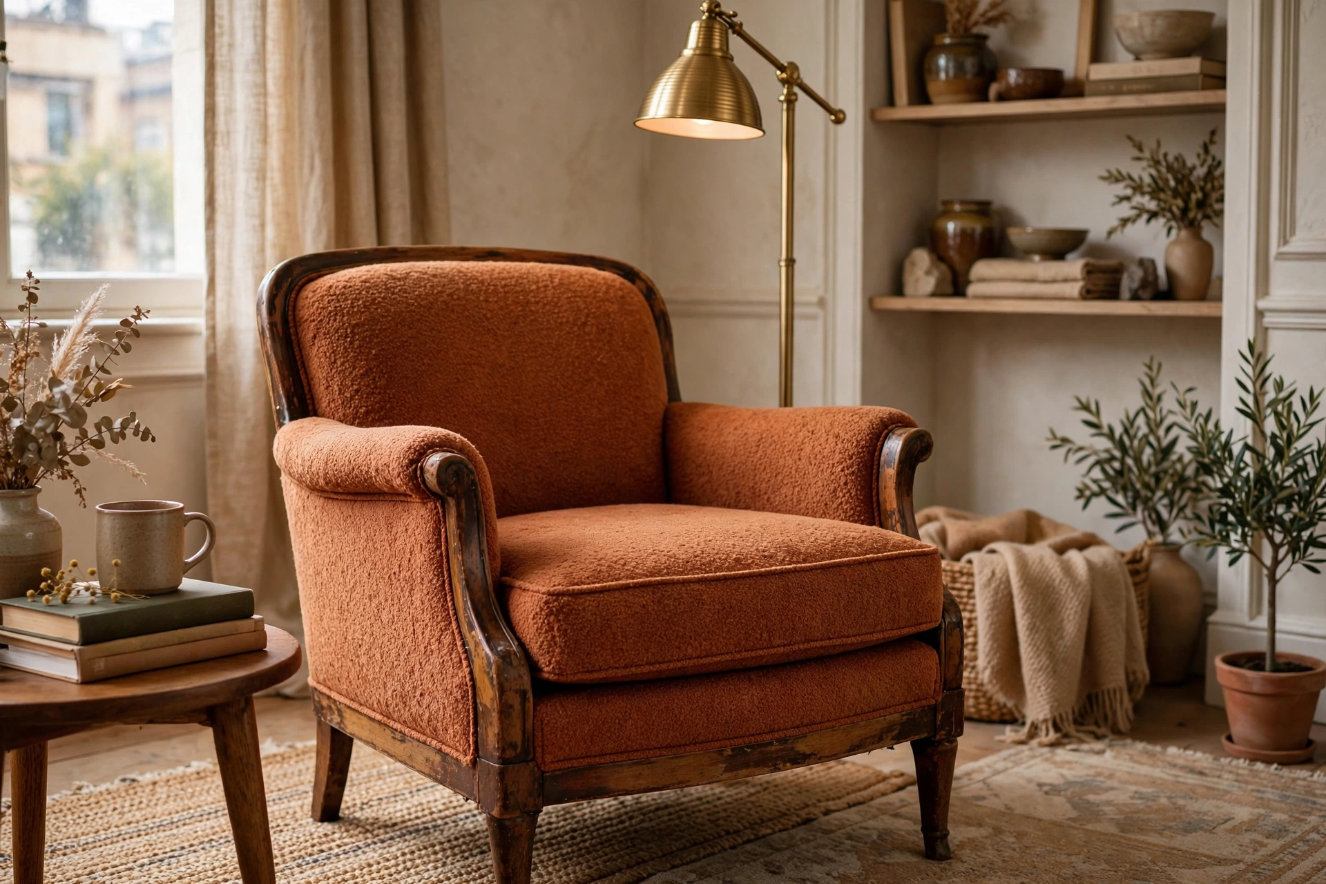 Beautiful vintage thrifted armchair styled elegantly in a studio apartment corner