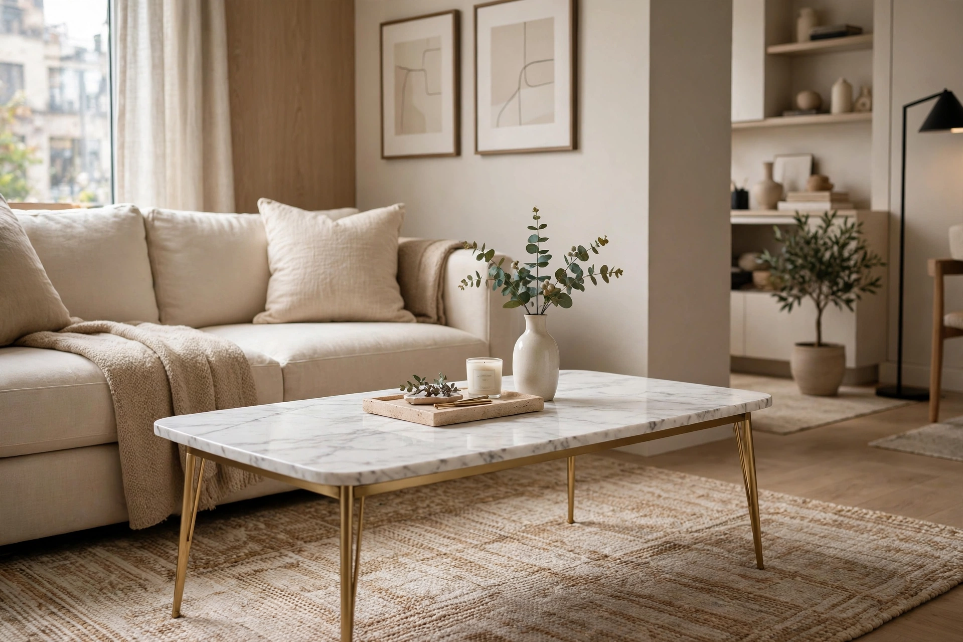 Faux marble top coffee table with gold legs styled minimally in a chic studio apartment