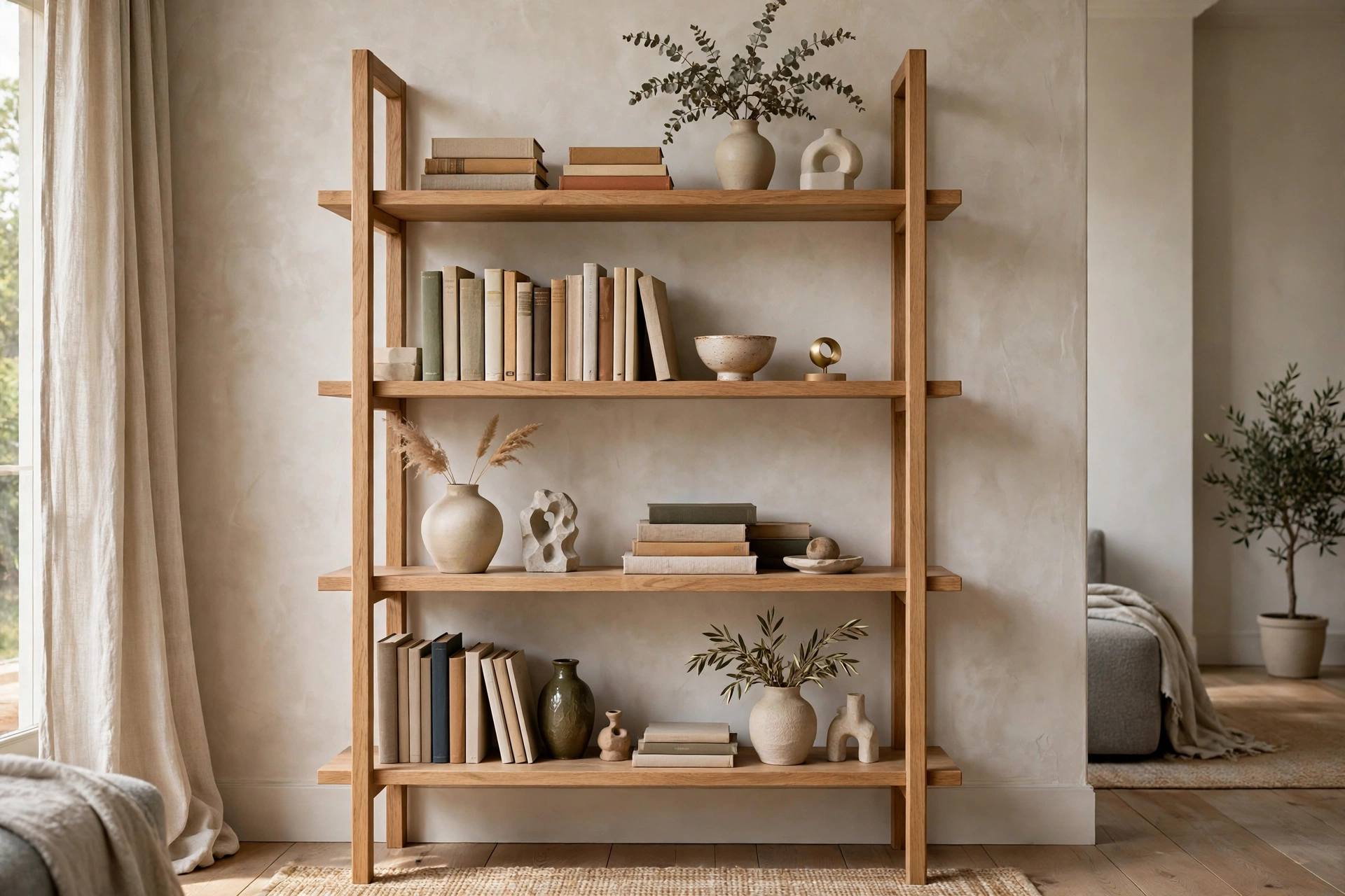 Beautifully styled bookshelf with curated books and objects like a boutique display