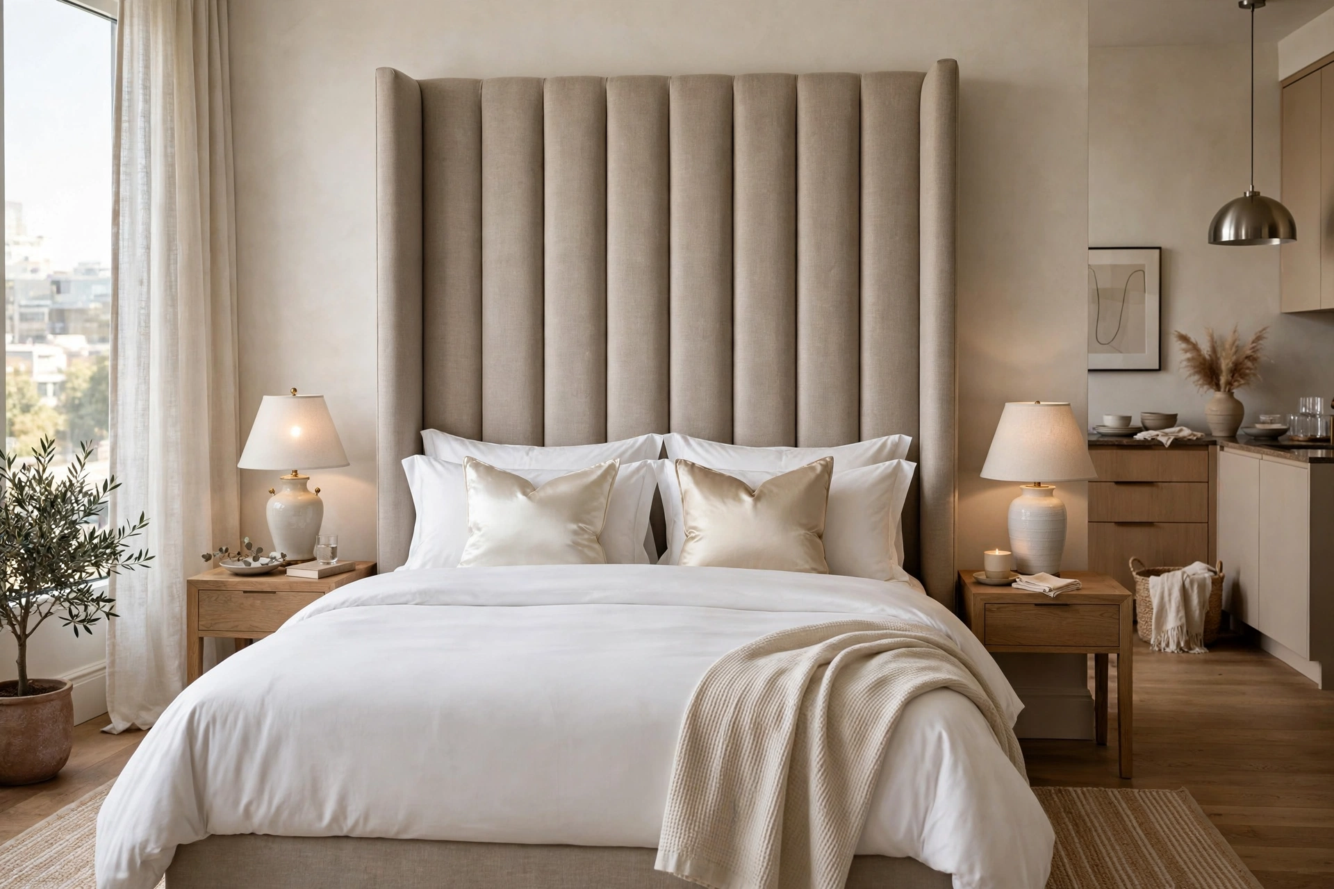 Tall upholstered linen headboard bed styled like a luxury hotel in a studio apartment