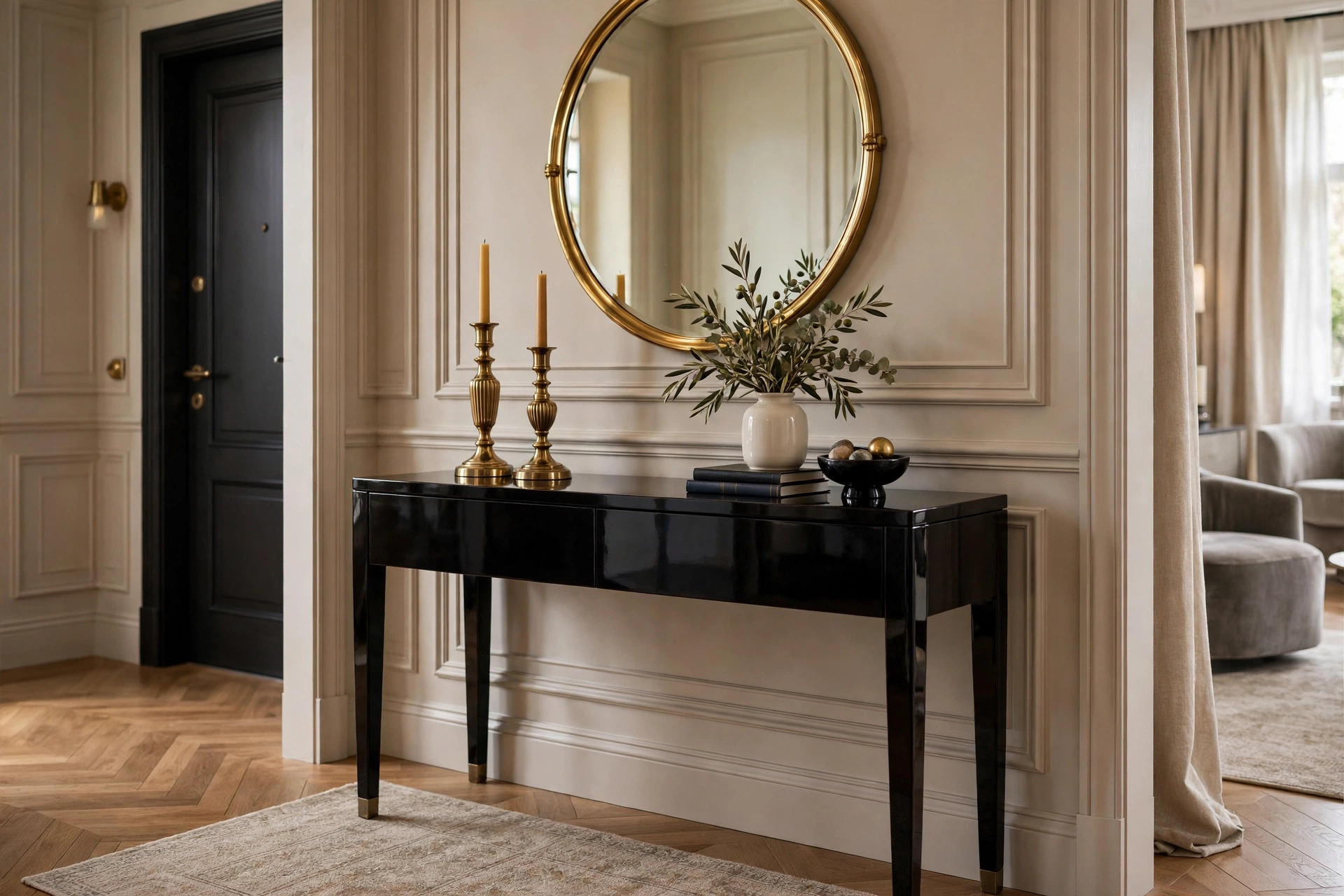 High-gloss black lacquered console table with brass decor in an elegant studio entryway