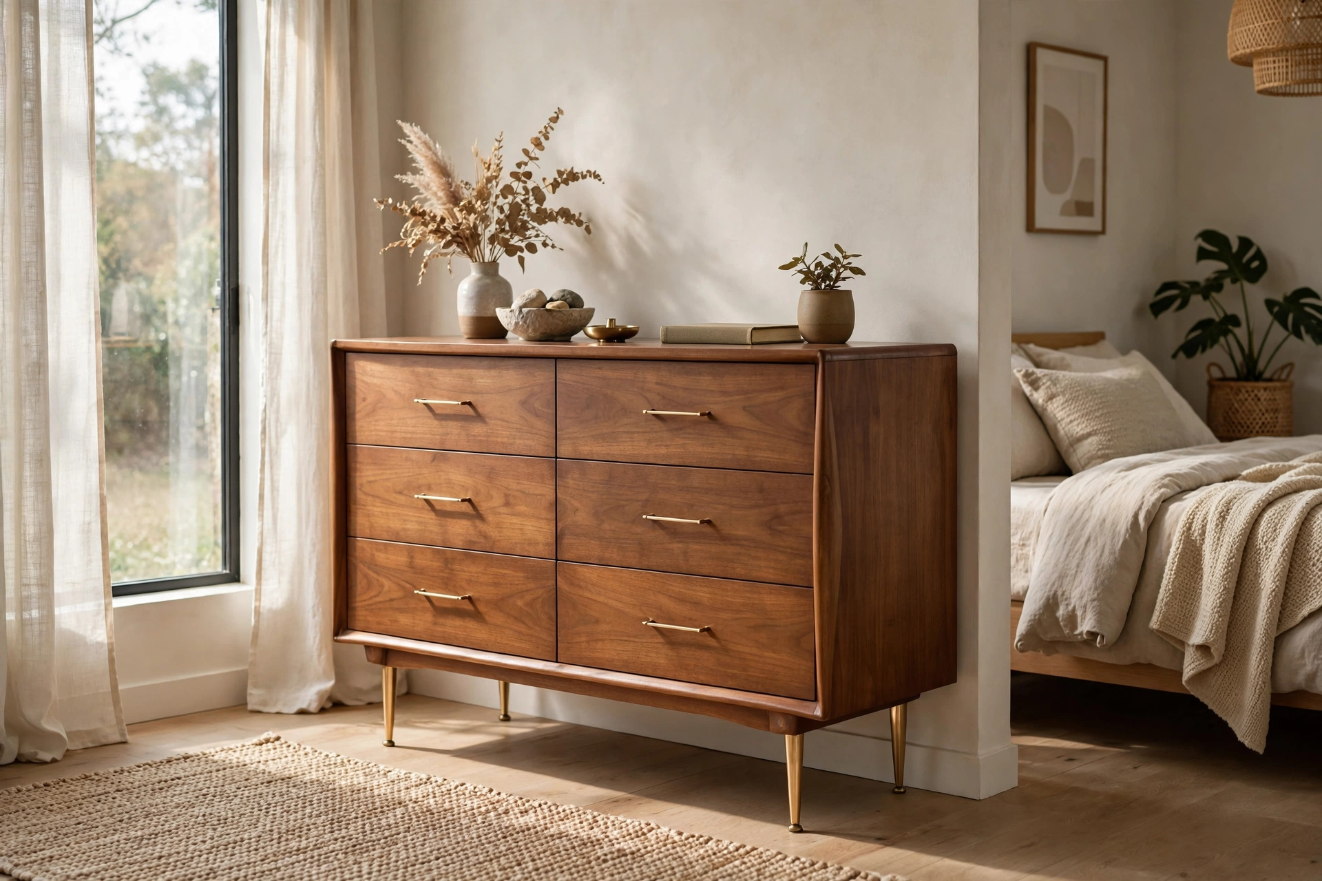 Dresser elevated on mid-century tapered brass legs looking designer in a studio bedroom