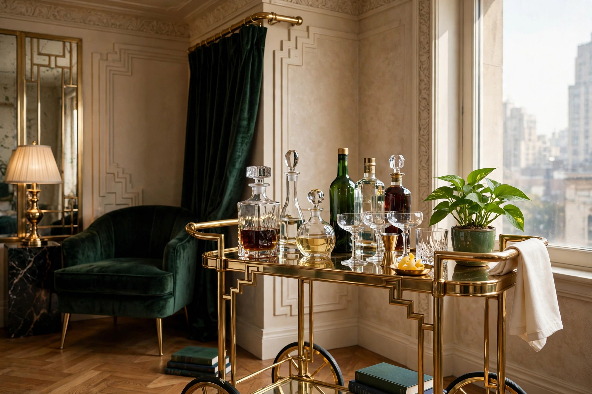 Brass bar cart styled with glass decanters and greenery in a glamorous studio corner