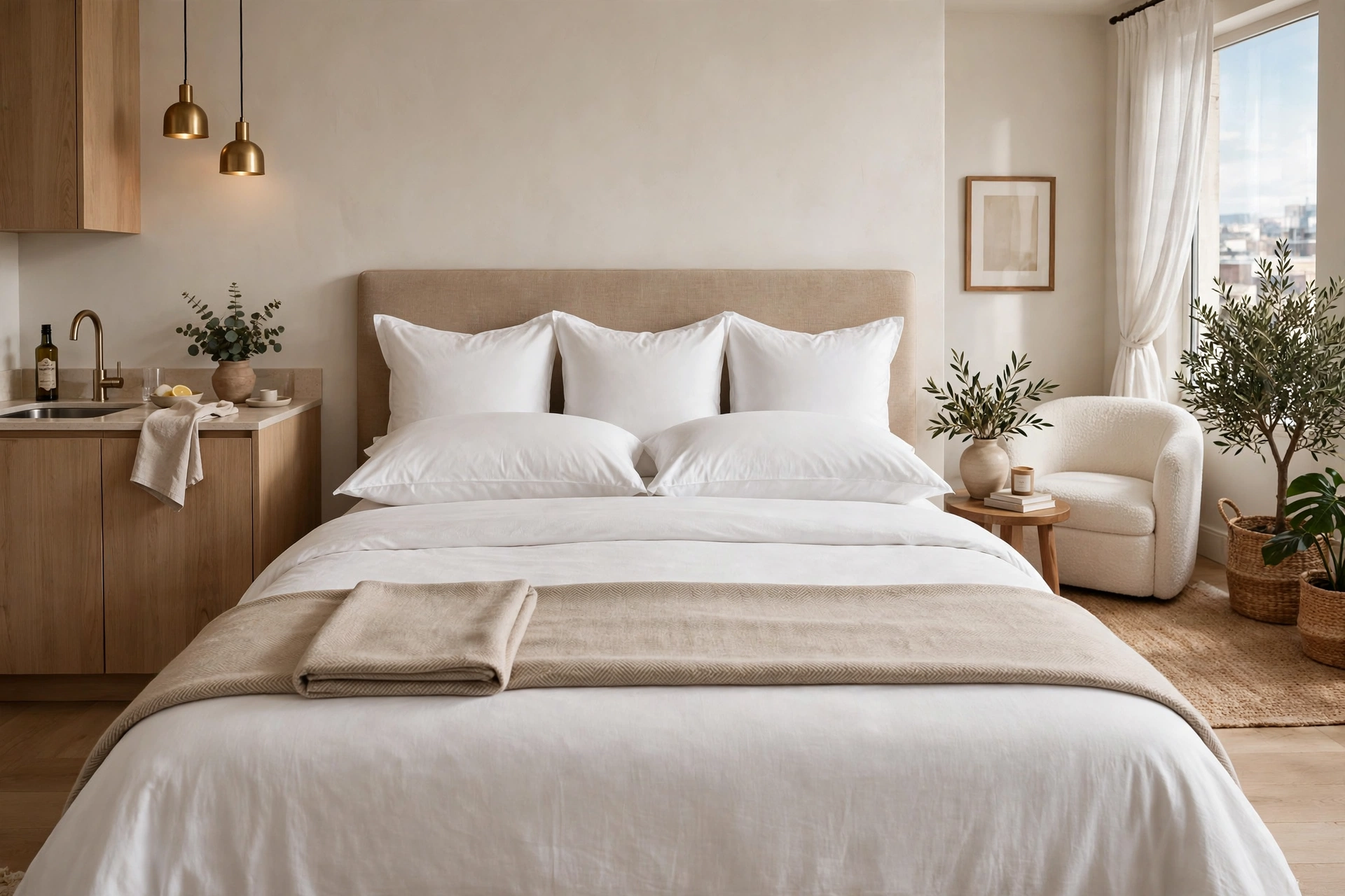 Bed layered in crisp white hotel-style bedding with folded throw in a studio apartment
