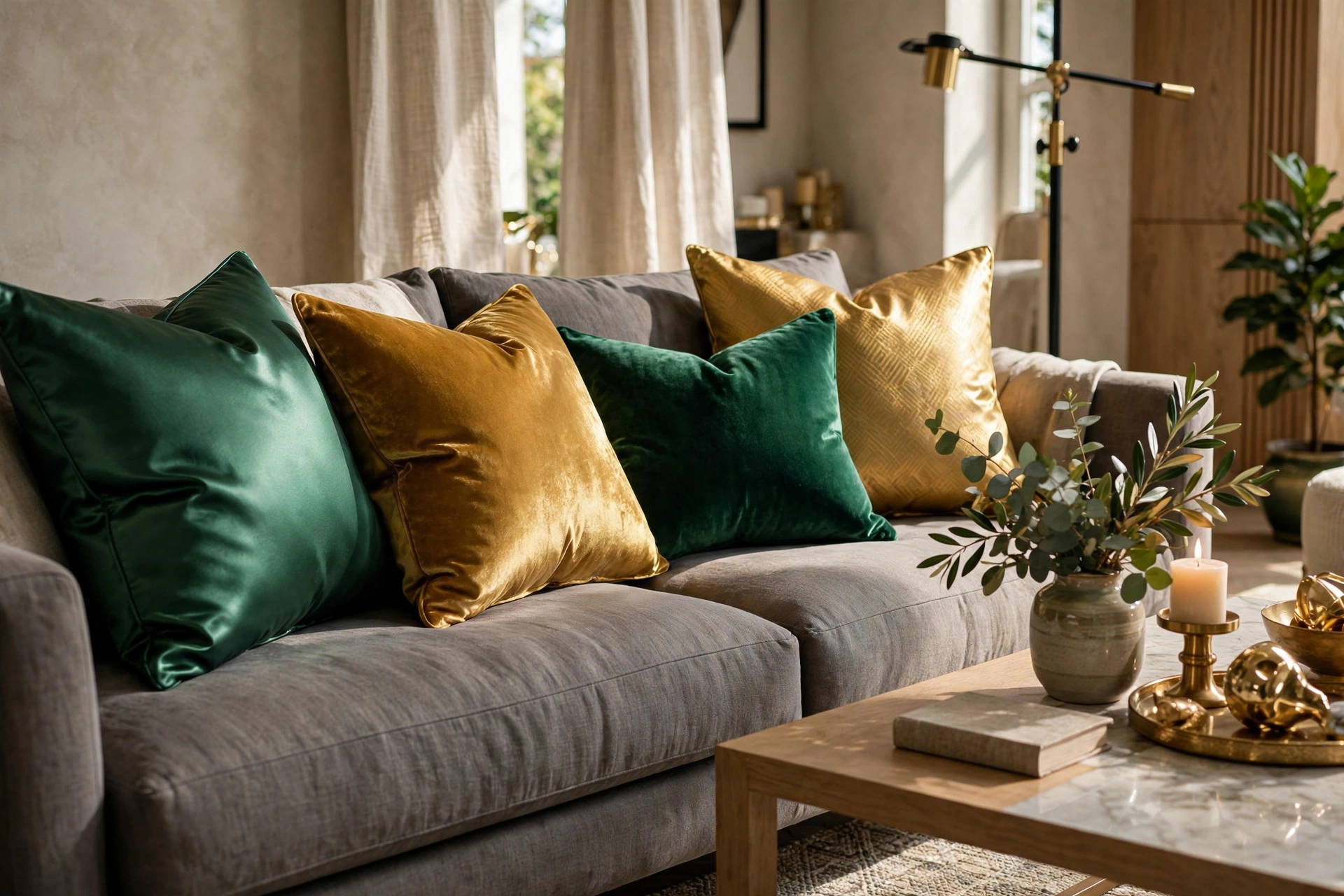 Sofa styled with lustrous silk and velvet throw pillows in jewel tones