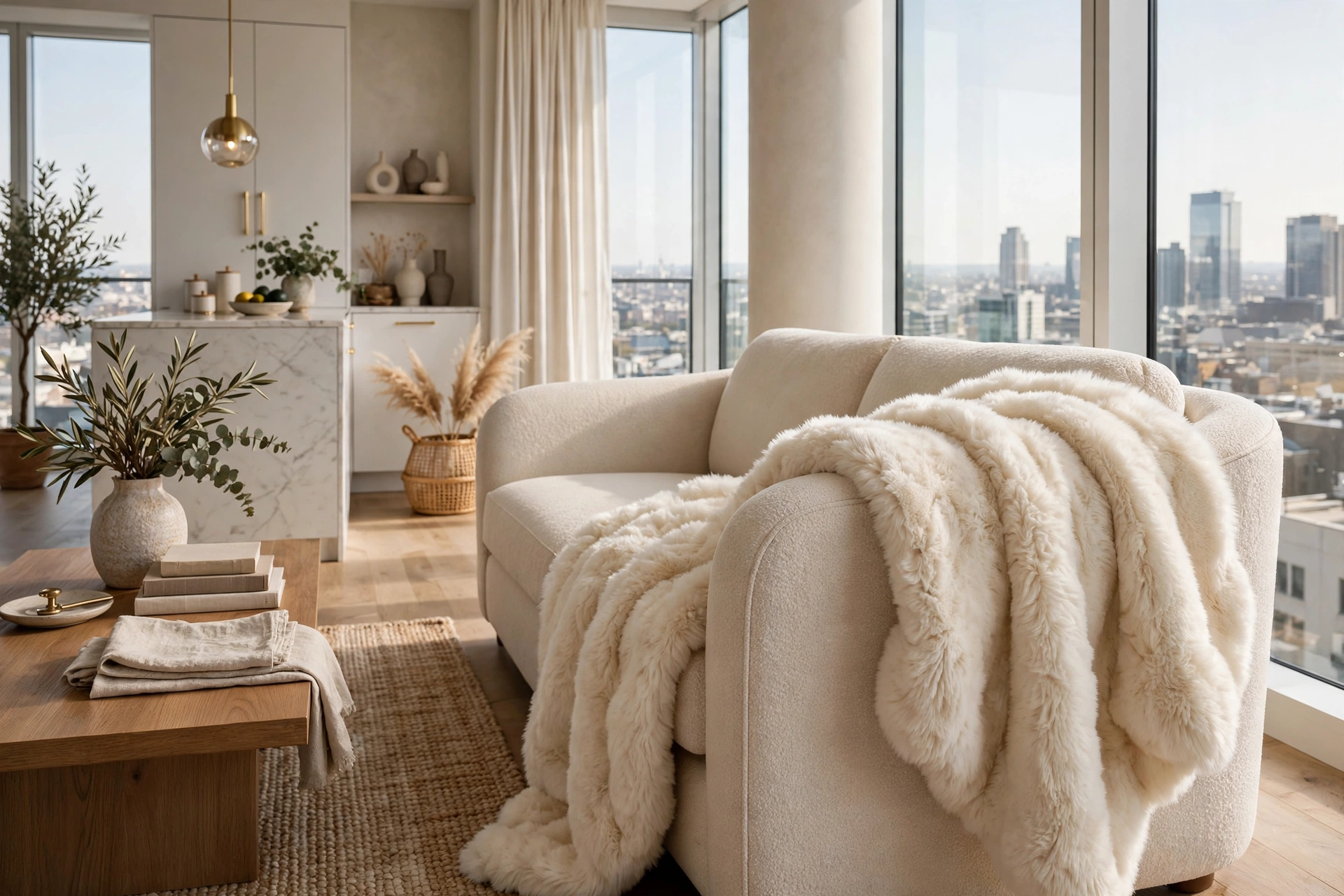 Cream faux fur throw draped luxuriously over a sofa arm in an elegant studio apartment