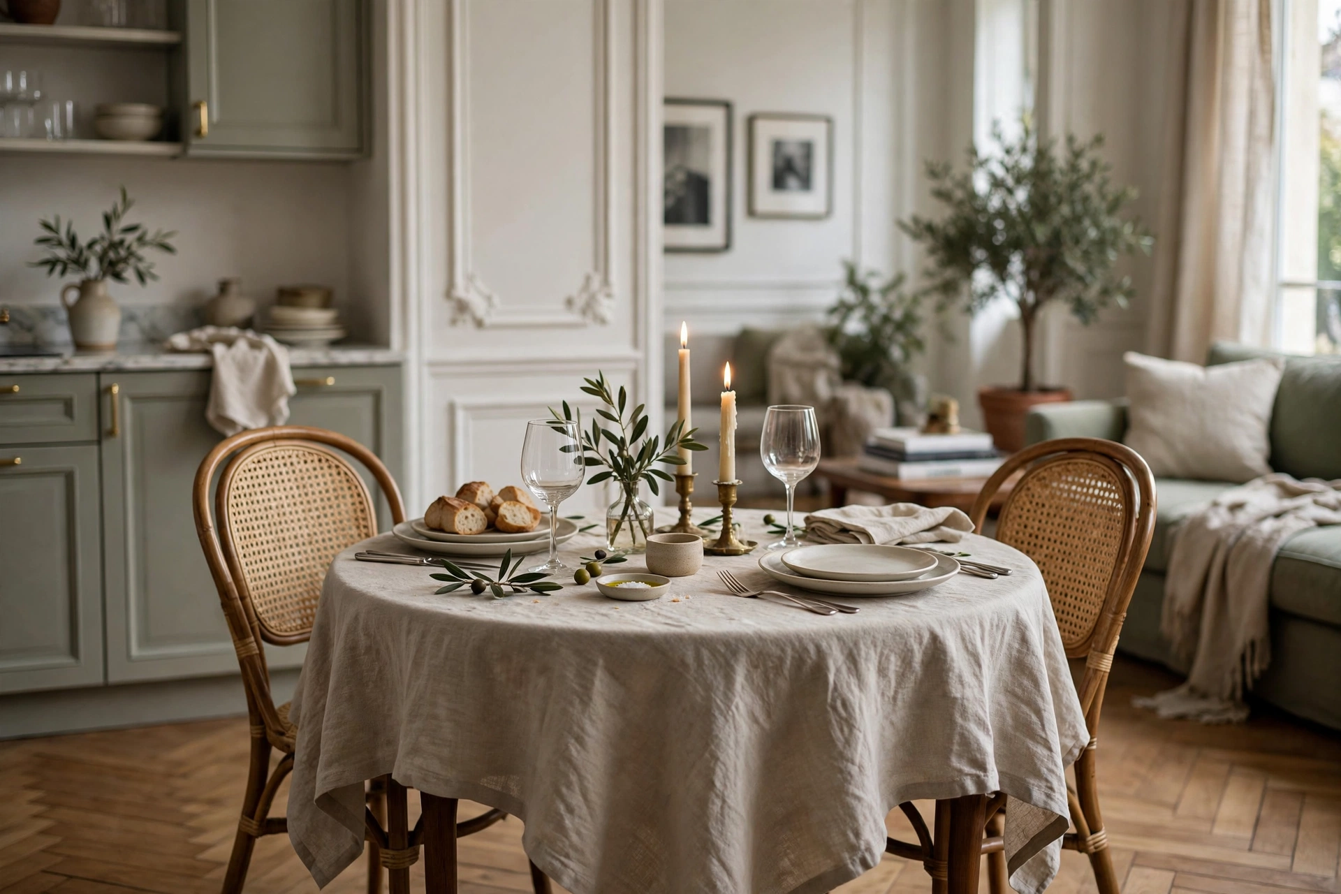Small dining table dressed in natural linen with candles in a sophisticated studio apartment
