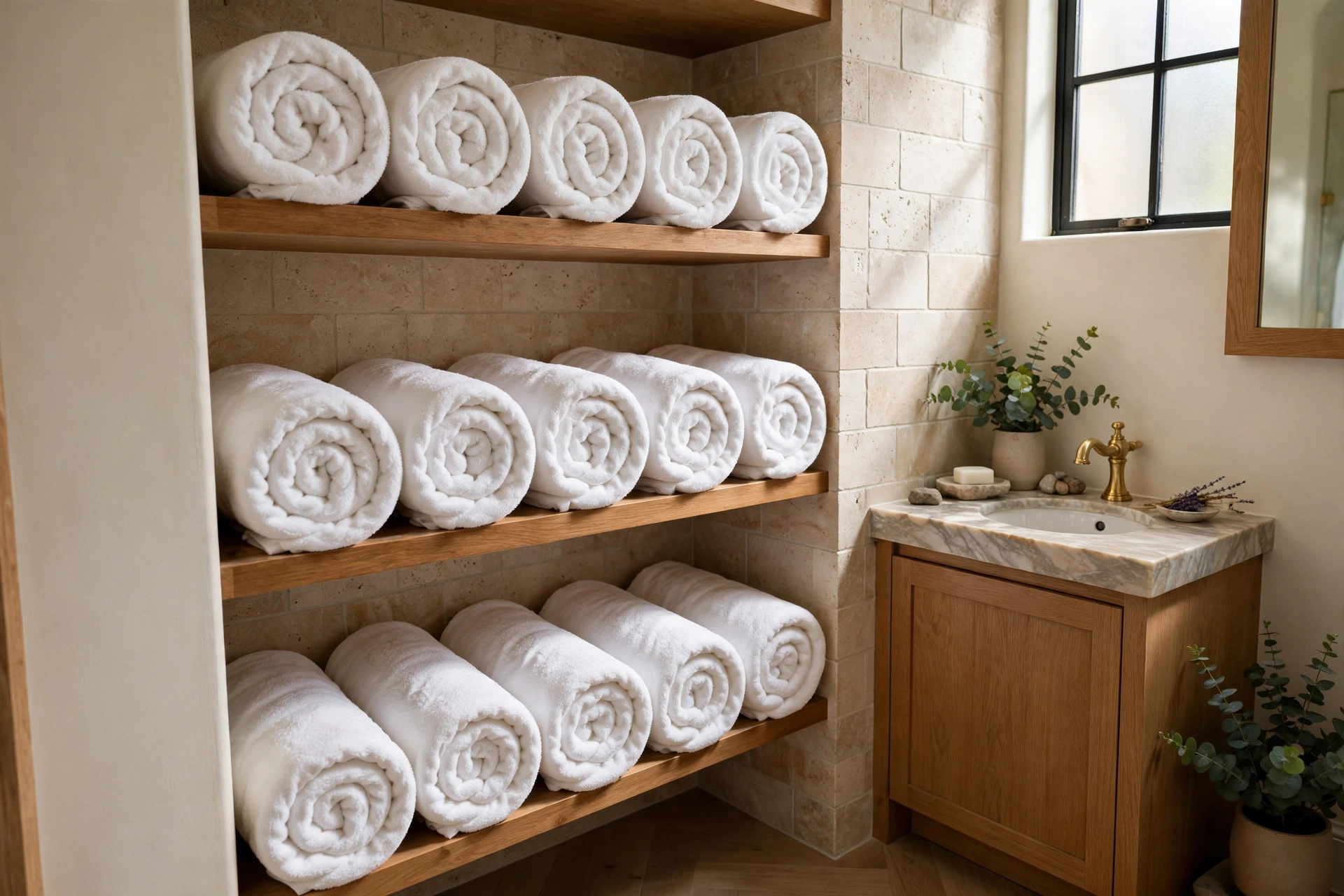 Thick white bath towels rolled spa-style on open shelving in a studio bathroom