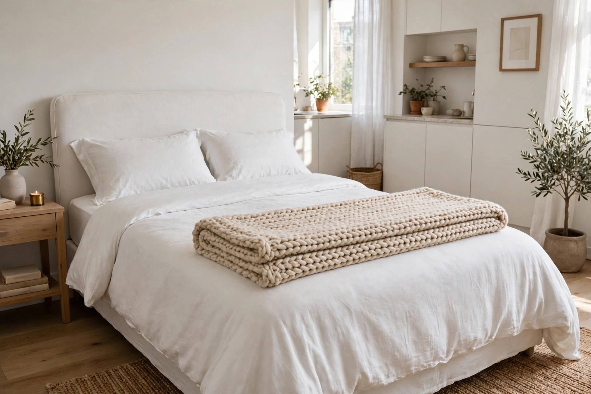 Textured knit throw folded precisely across the foot of an elegant bed in a studio