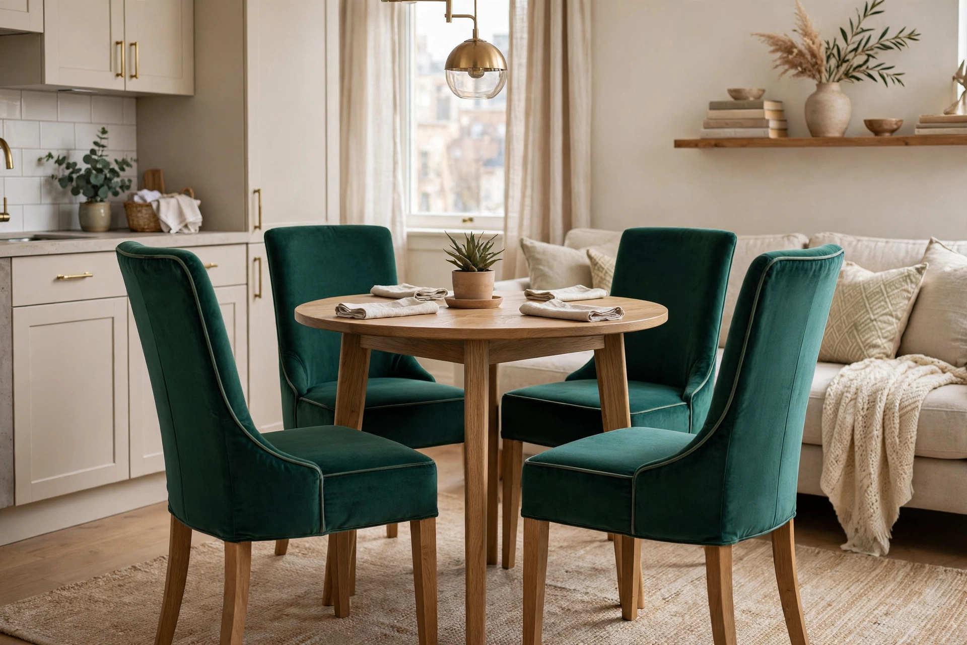 Dining chairs in tailored emerald velvet slipcovers around a table in a chic studio