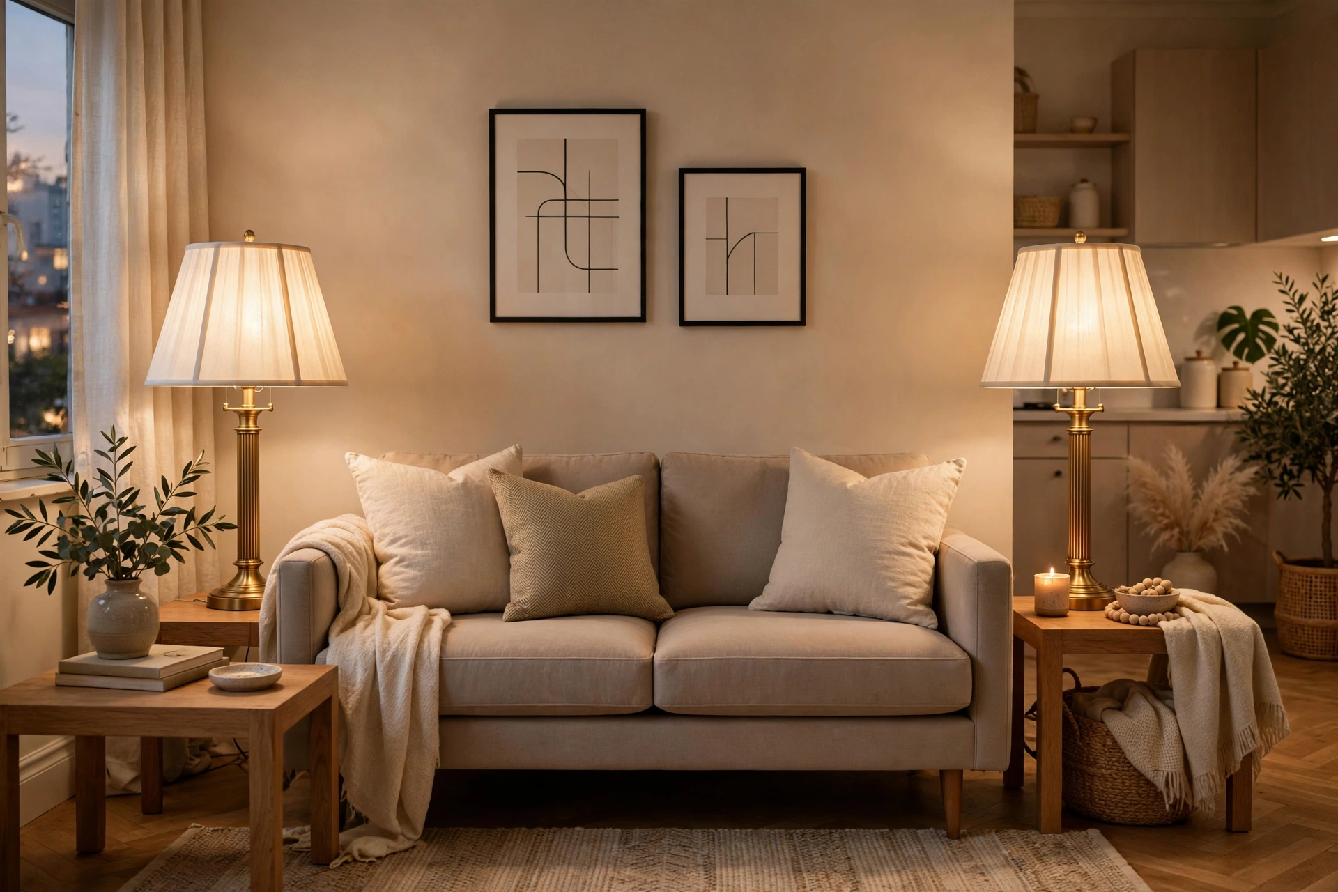 Matching pair of elegant table lamps with silk shades flanking a sofa in a studio