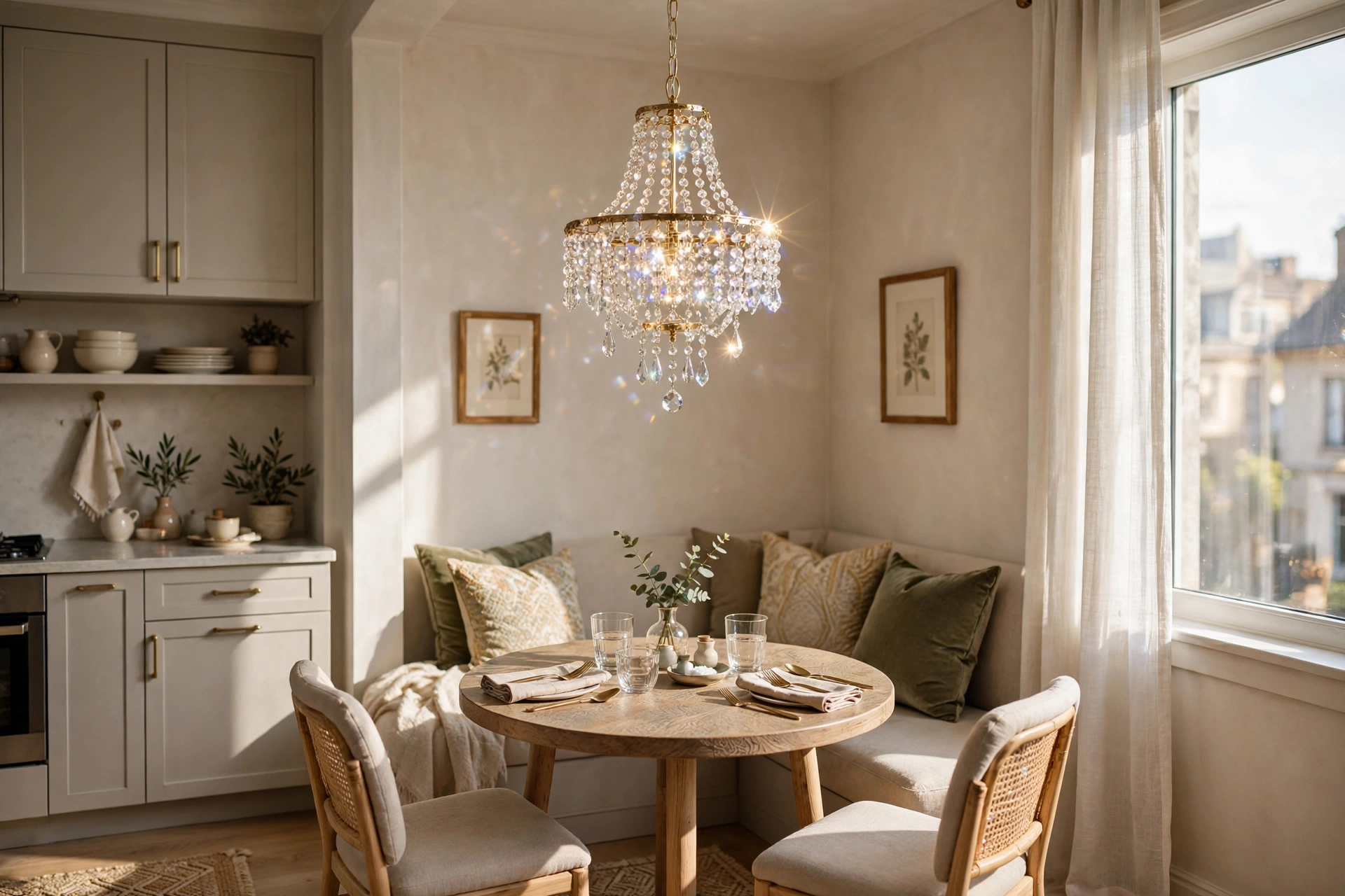 Sparkling crystal-look mini chandelier hanging over a dining nook in a studio apartment