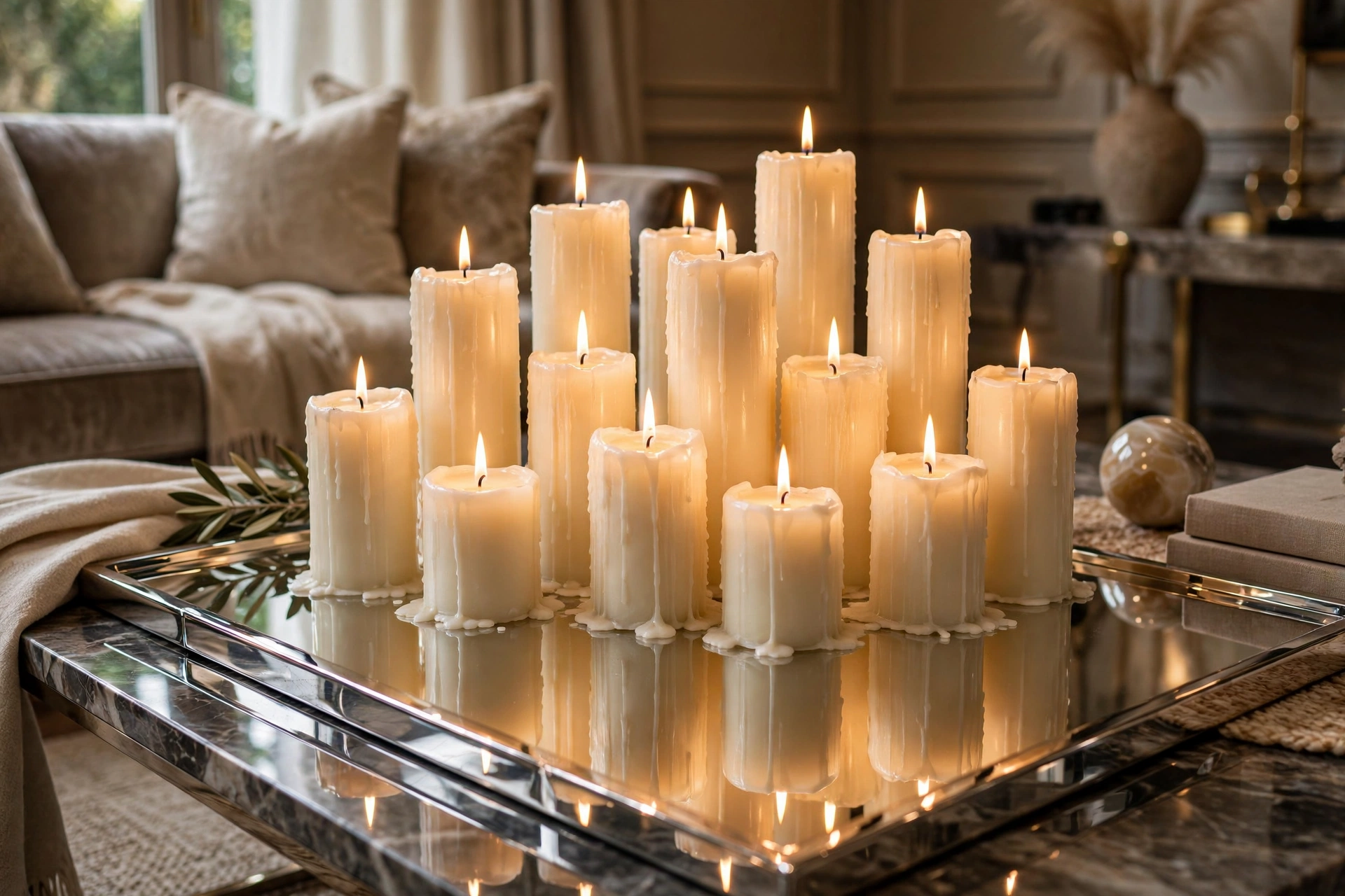 Cluster of pillar candles glowing on a mirrored tray as a luxurious centerpiece
