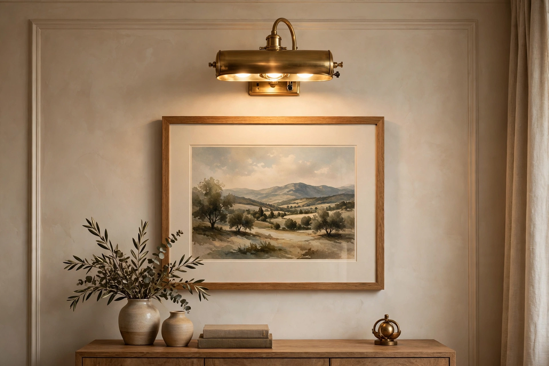 Brass picture light illuminating framed art like a gallery in a studio apartment