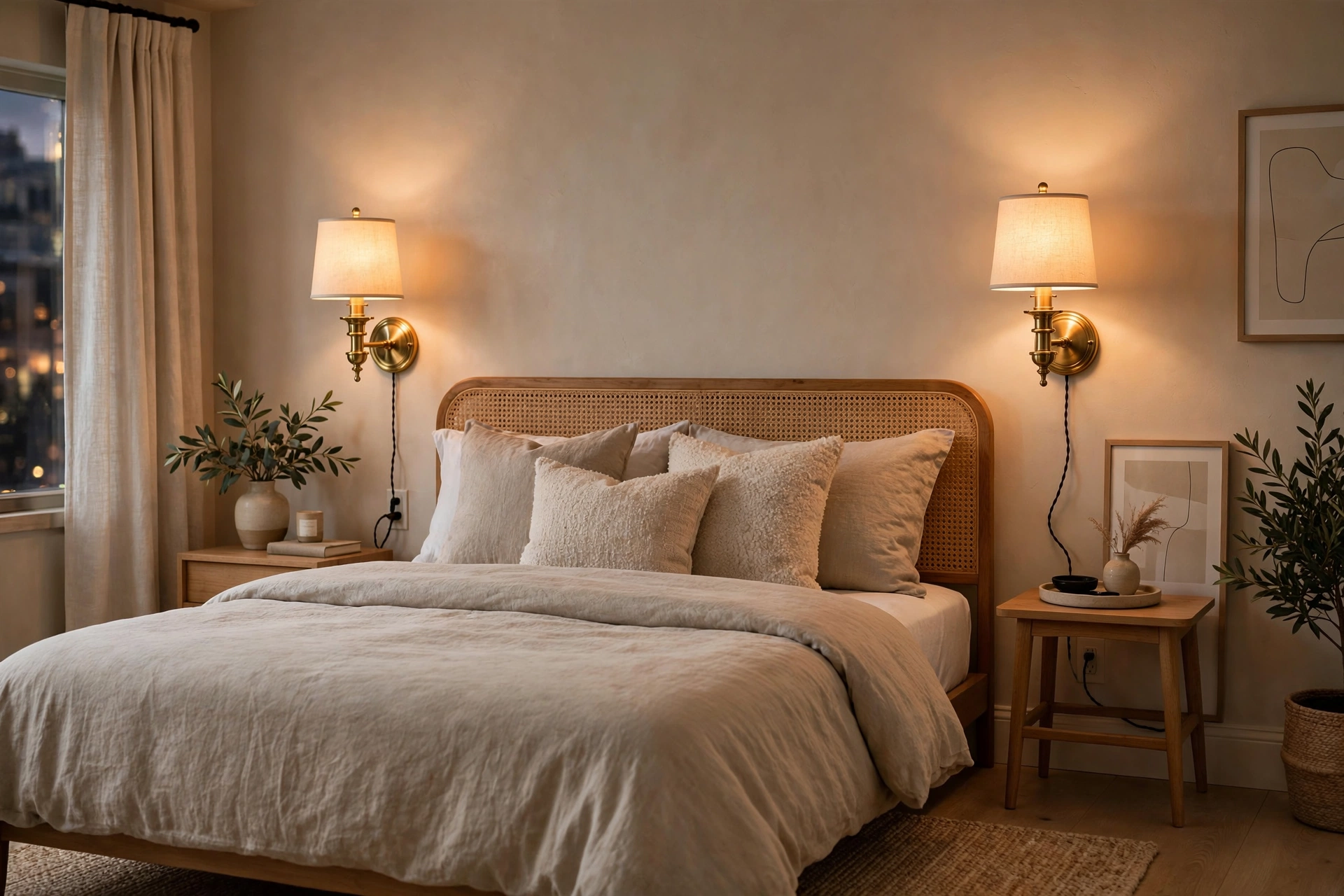 Pair of elegant plug-in wall sconces glowing beside a bed in a chic studio