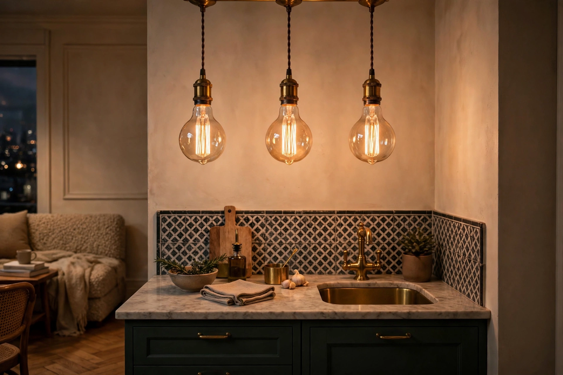 Edison bulb pendants glowing warmly over a kitchen counter in a studio apartment