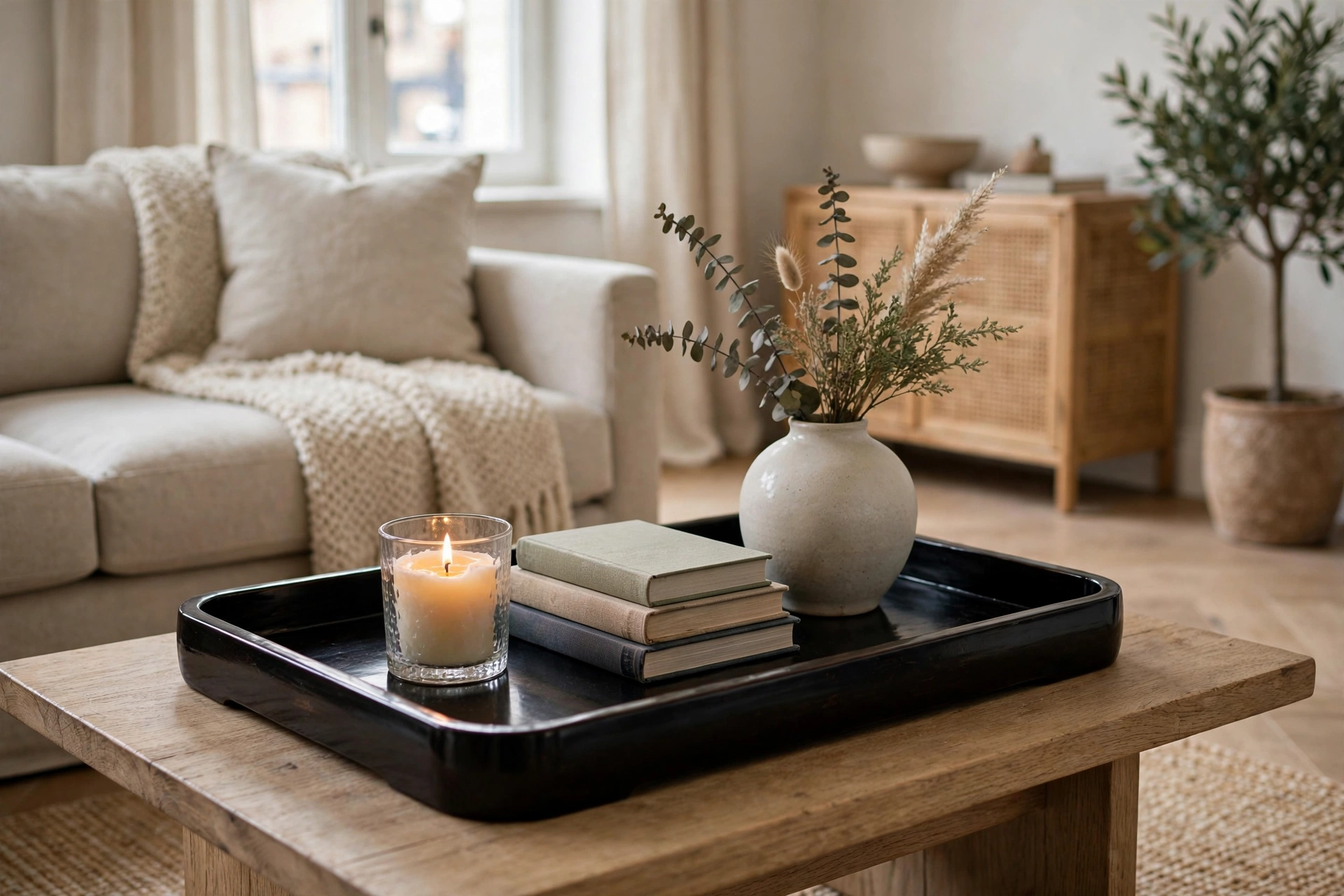 Lacquered tray styled with candle books and vase on a coffee table in a studio