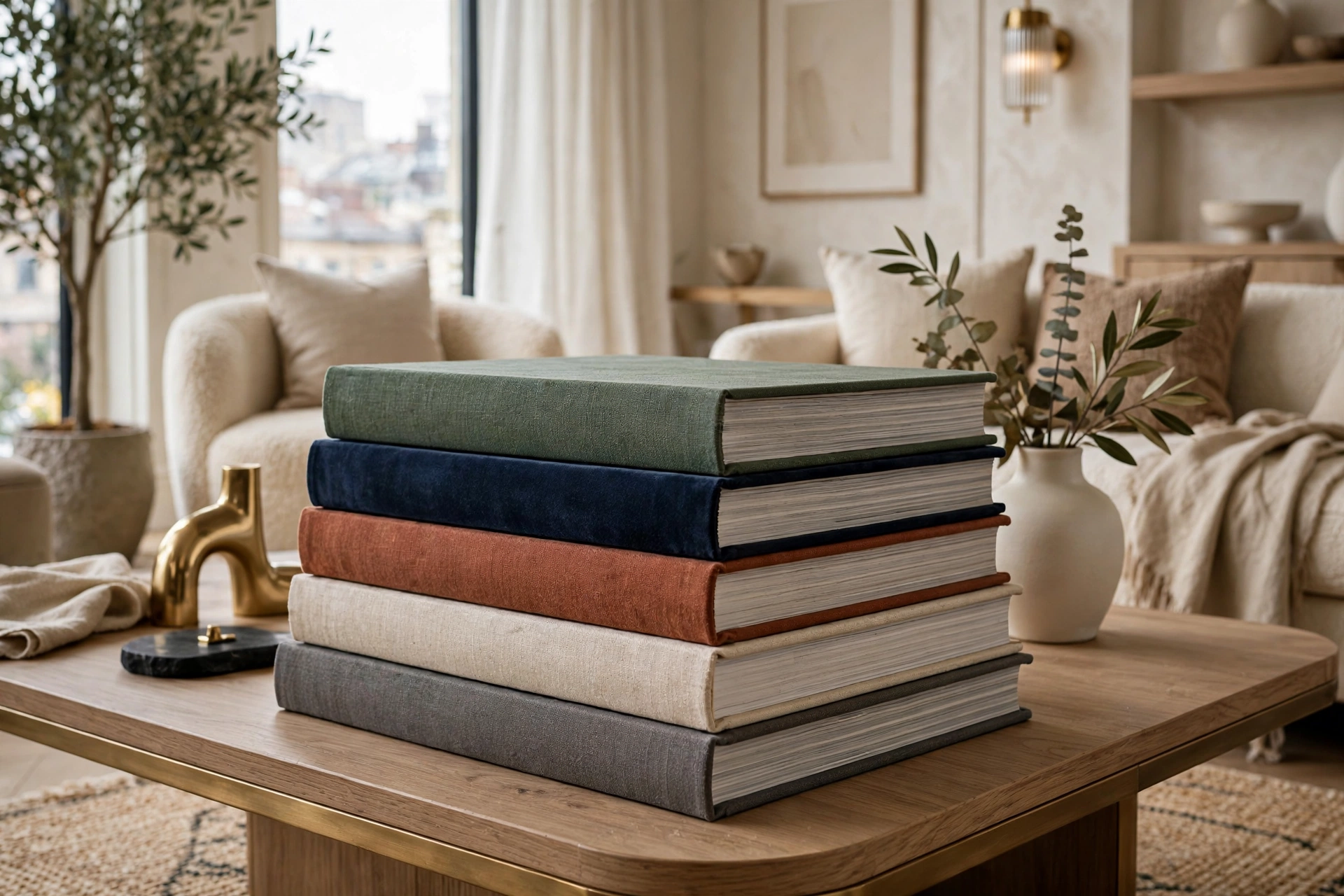 Stack of oversized art and design books on a coffee table in an elegant studio