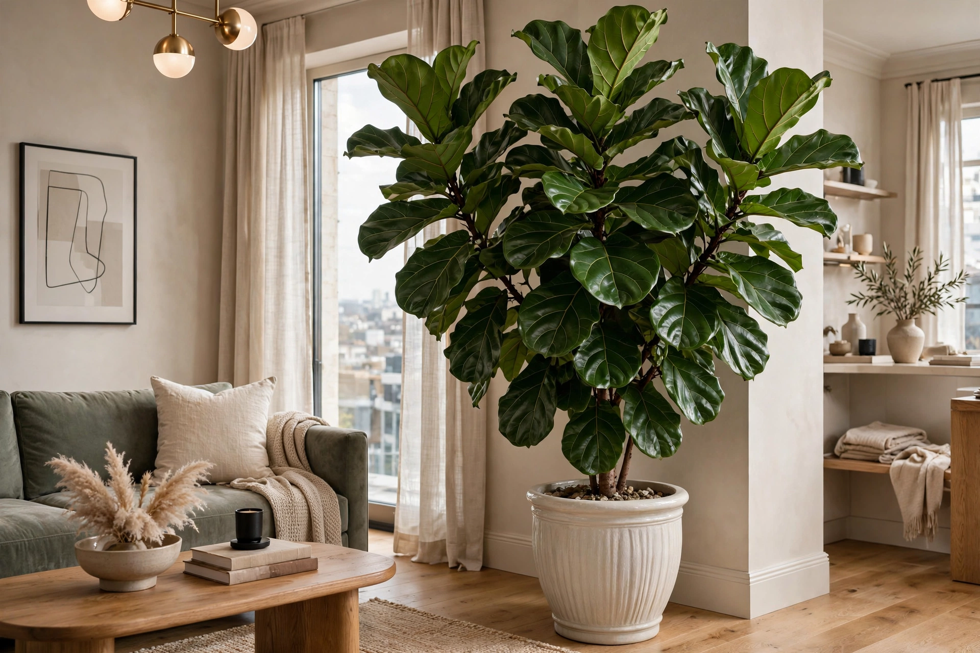 Large dramatic fiddle leaf fig in a ceramic planter in a luxurious studio living area