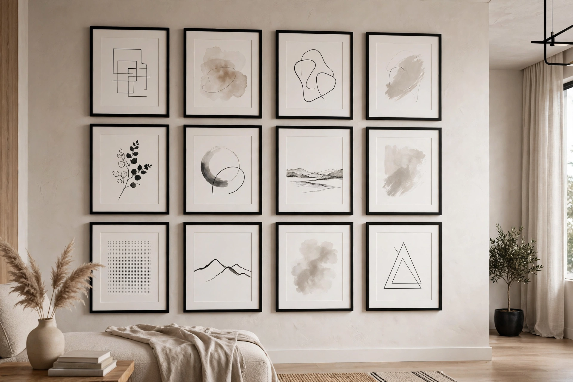 Gallery wall of art in matching black frames with white mats in a refined studio