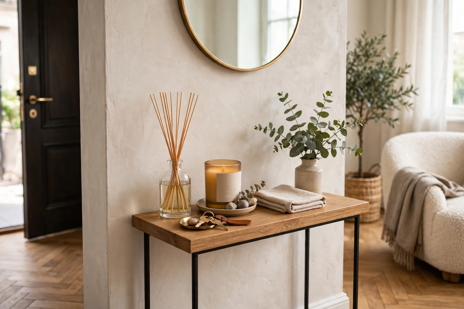 Elegant reed diffuser and candle styled on an entry console in a studio apartment