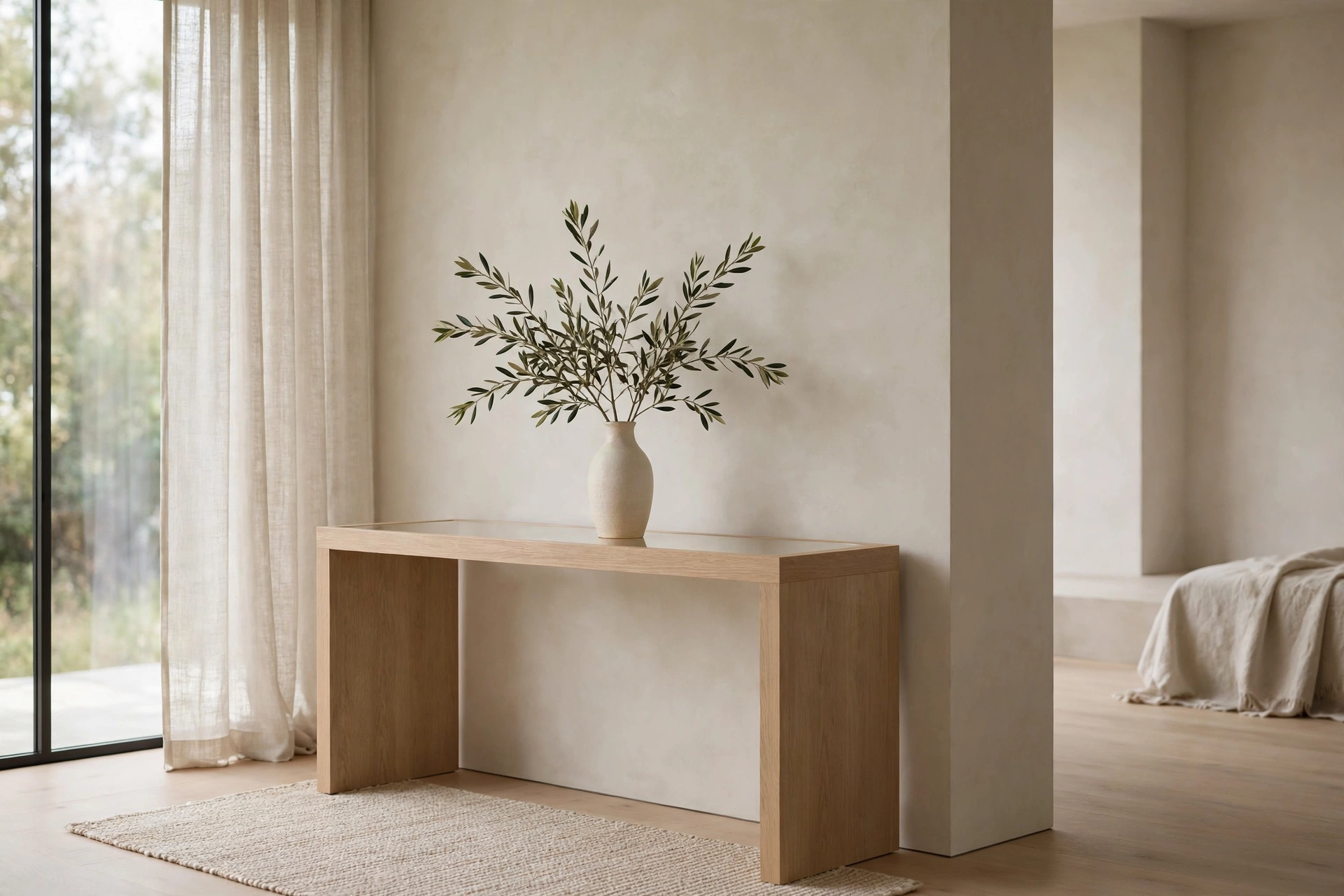 Beautifully clear styled surfaces with breathing room in a luxurious minimal studio