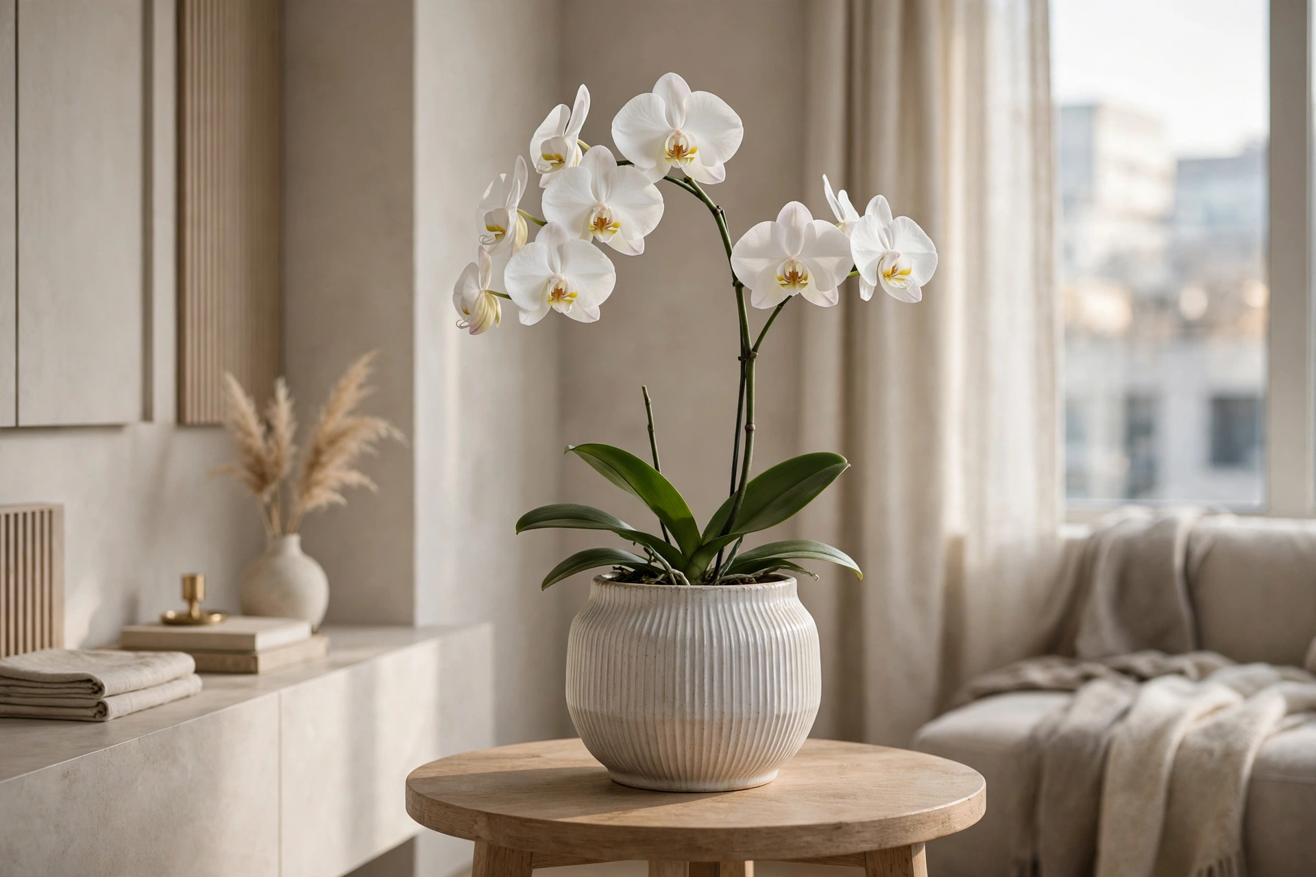 White phalaenopsis orchid in a ceramic pot on a table in an elegant studio apartment