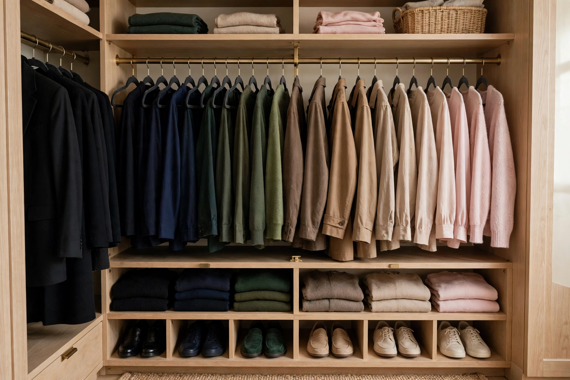 Neatly organized closet with matching velvet hangers arranged by color like a boutique