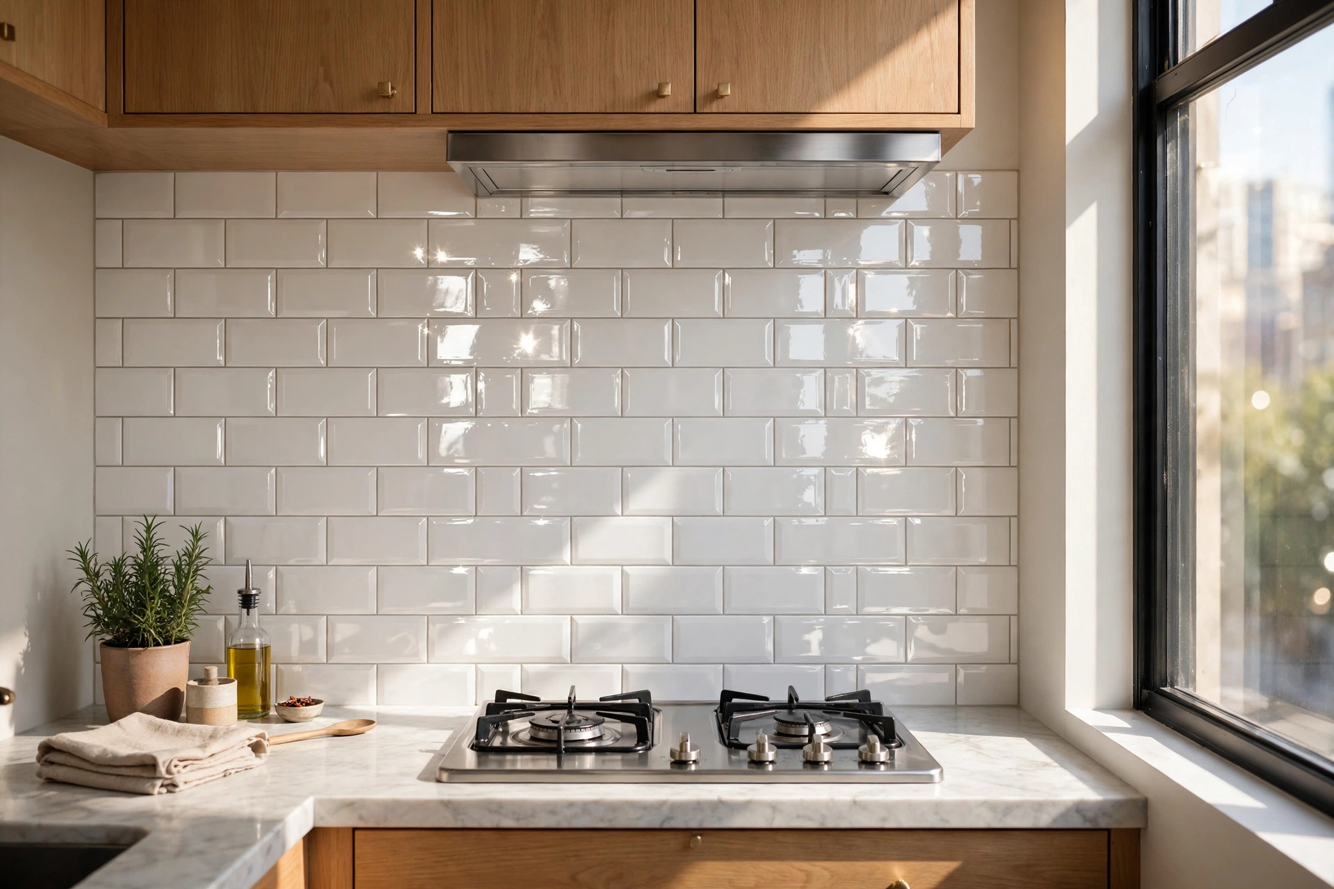 Peel-and-stick subway tile backsplash gleaming in a small studio kitchenette