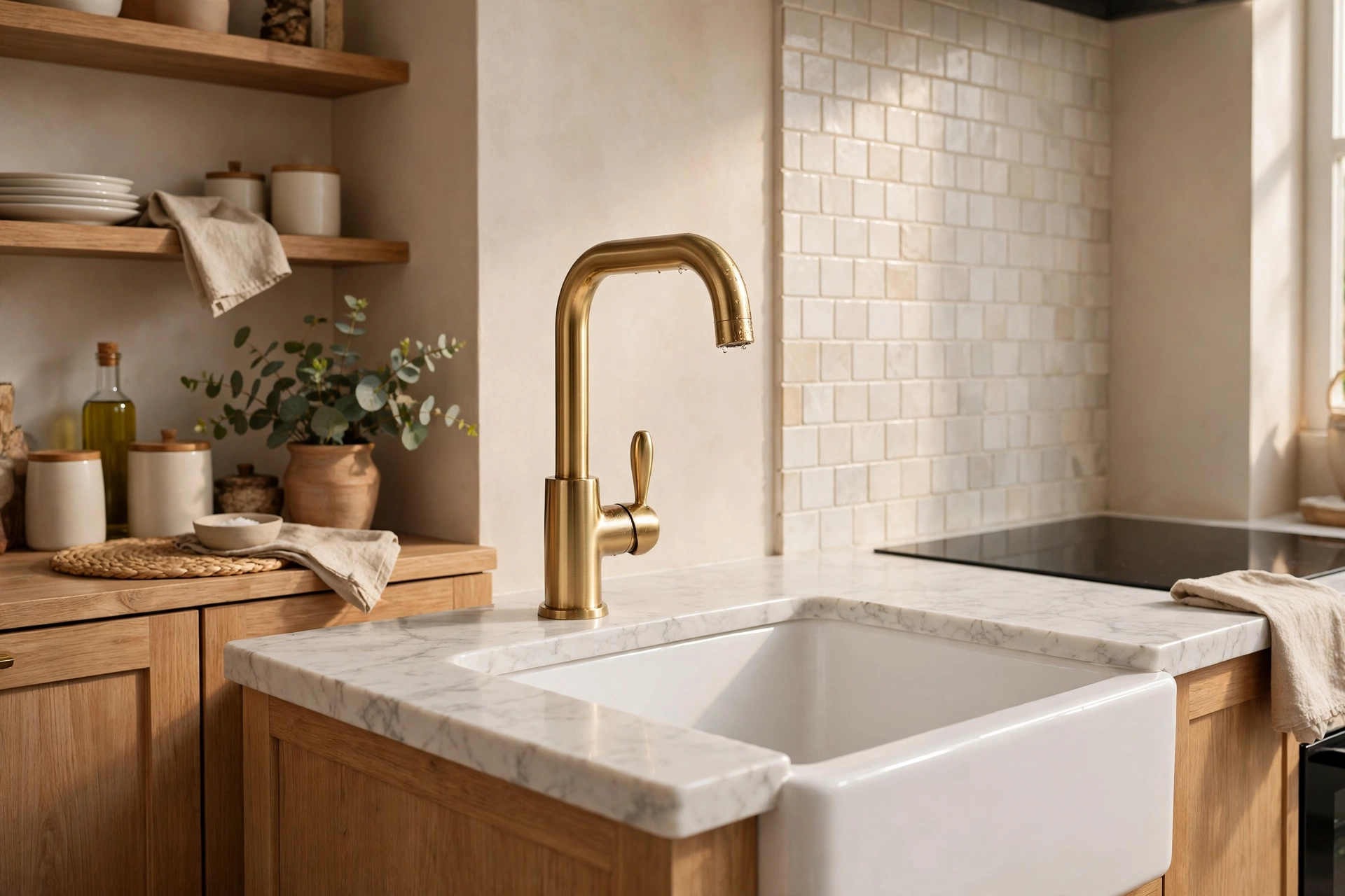 Brushed brass faucet gleaming over a sink in an upgraded studio kitchenette