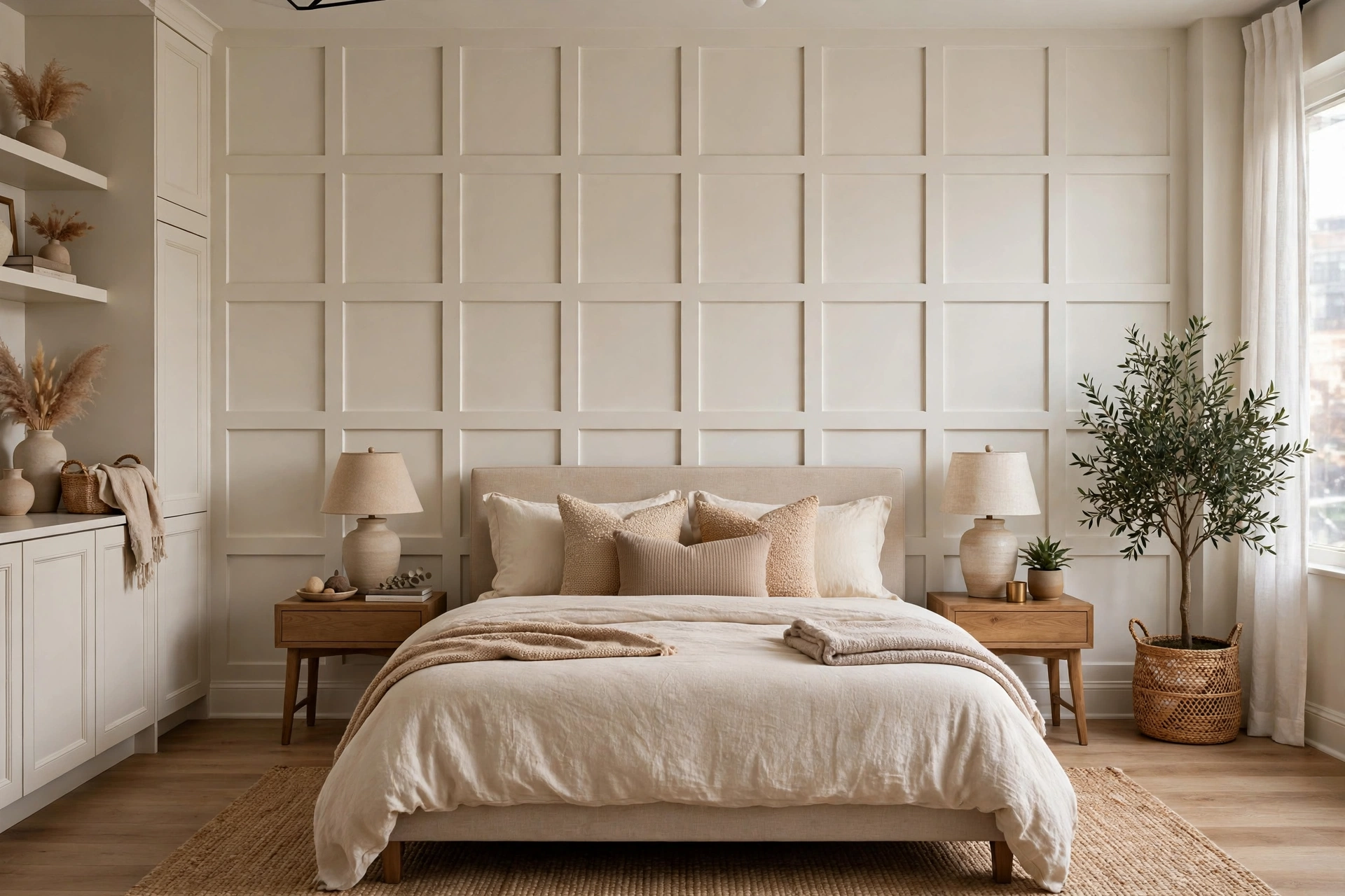 Board and batten accent wall painted in warm white behind a bed in a studio