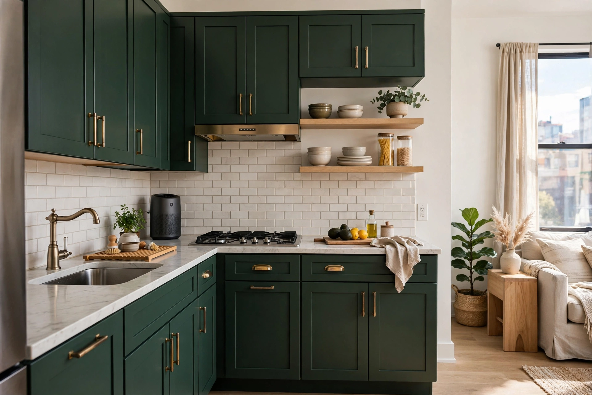 Kitchen cabinets painted deep green with brass pulls looking like a designer renovation