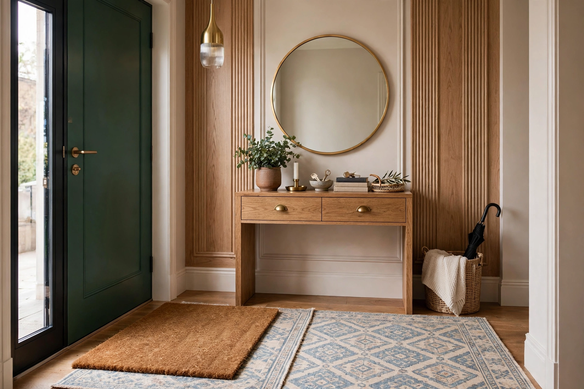 Elegant studio apartment entry with quality doormat polished hardware and styled console