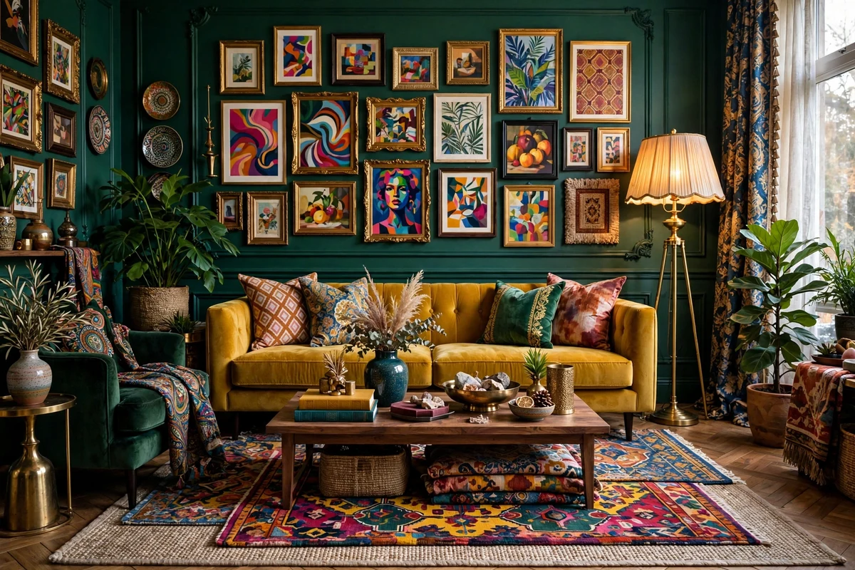 Maximalist living room with deep emerald green walls and mustard velvet sofa