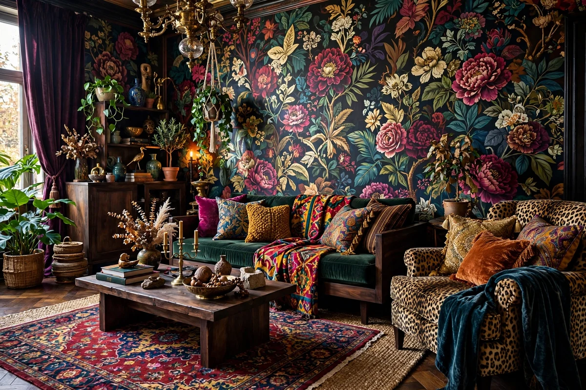 Maximalist living room with bold oversized floral wallpaper and eclectic furniture