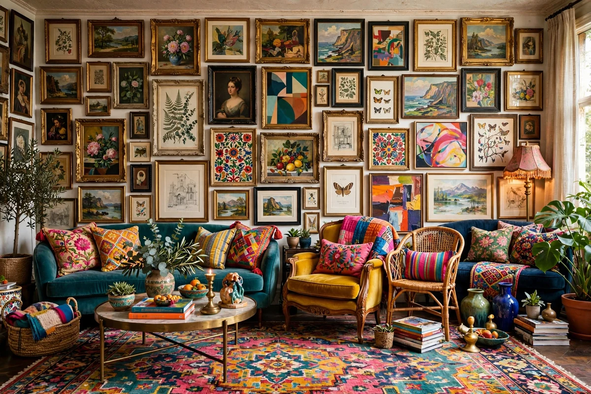 Salon-style gallery wall of mismatched framed art covering a living room wall