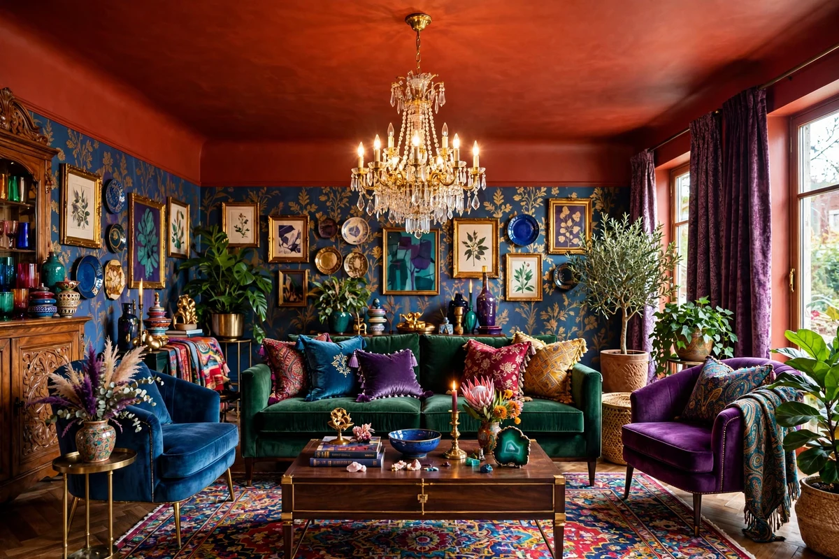 Maximalist living room with bold terracotta painted ceiling and chandelier