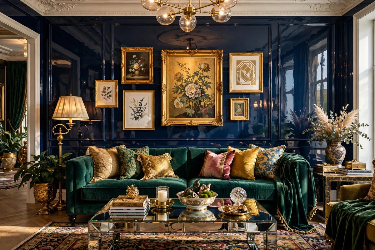 Maximalist living room with glossy lacquered navy accent wall and gold art