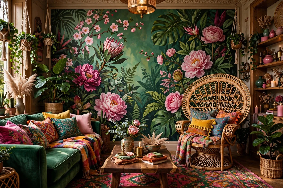 Maximalist living room with oversized botanical mural wall in rich colors