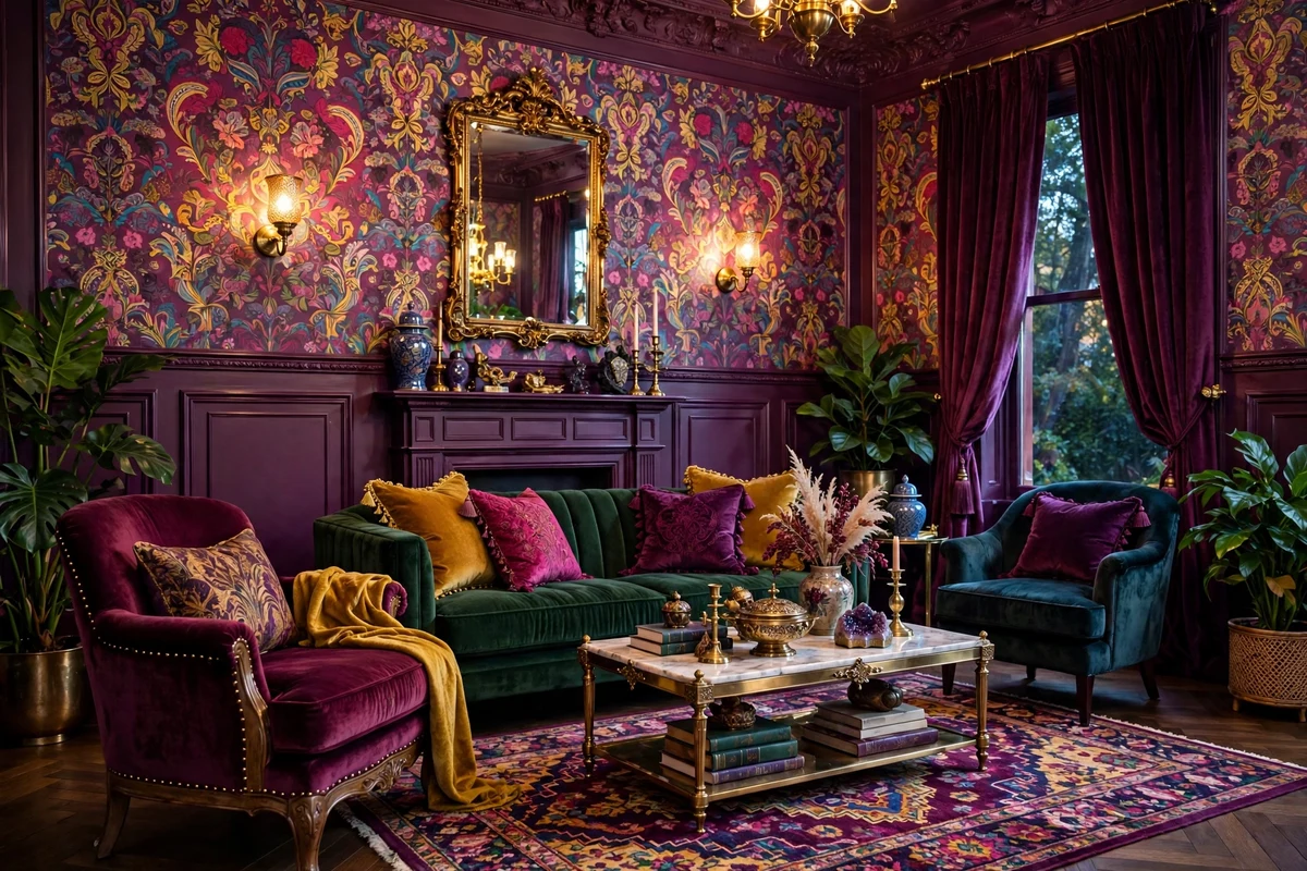Maximalist living room with plum purple color-drenched walls and wainscoting