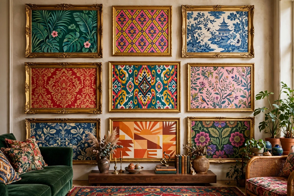 Living room wall with mixed bold wallpaper panels framed like art