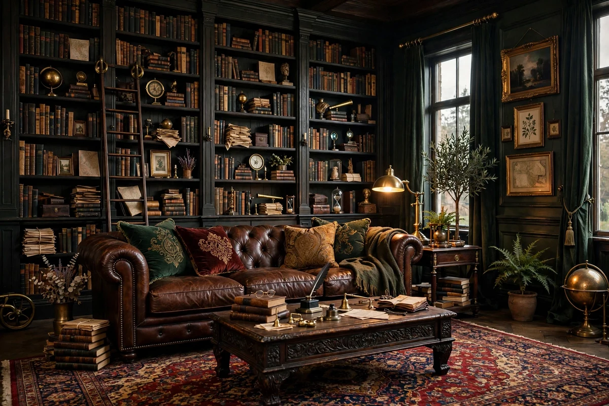 Maximalist living room with dark moody library wall of packed bookshelves