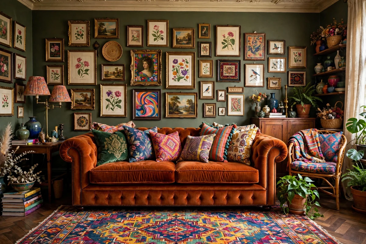 Maximalist living room with burnt orange velvet chesterfield sofa and patterned pillows