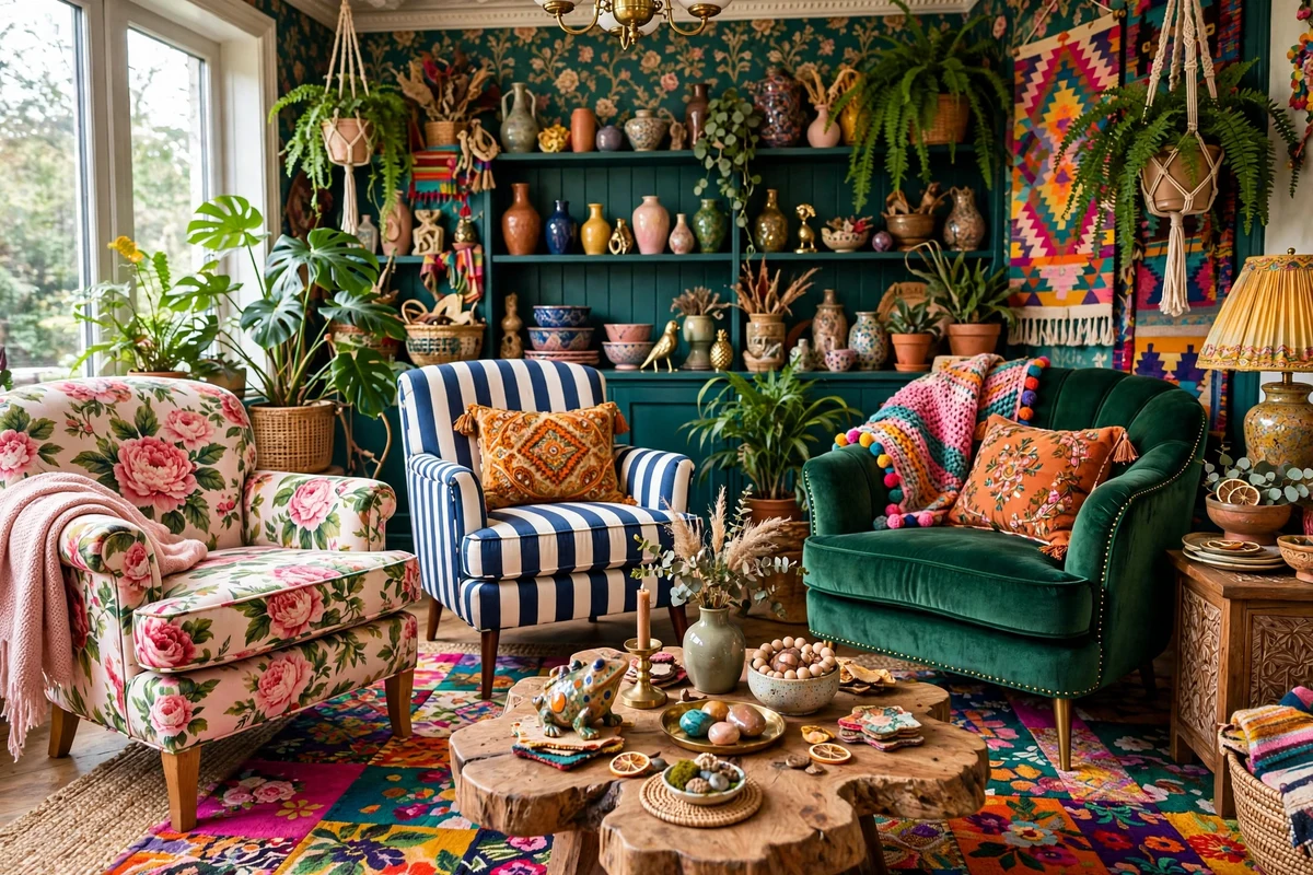 Maximalist living room with three mismatched armchairs in bold different fabrics