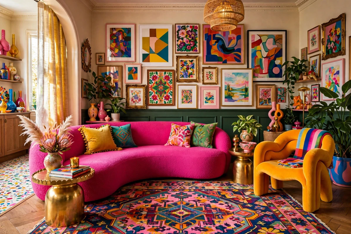 Maximalist living room with curved boucle sofa in bold fuchsia pink
