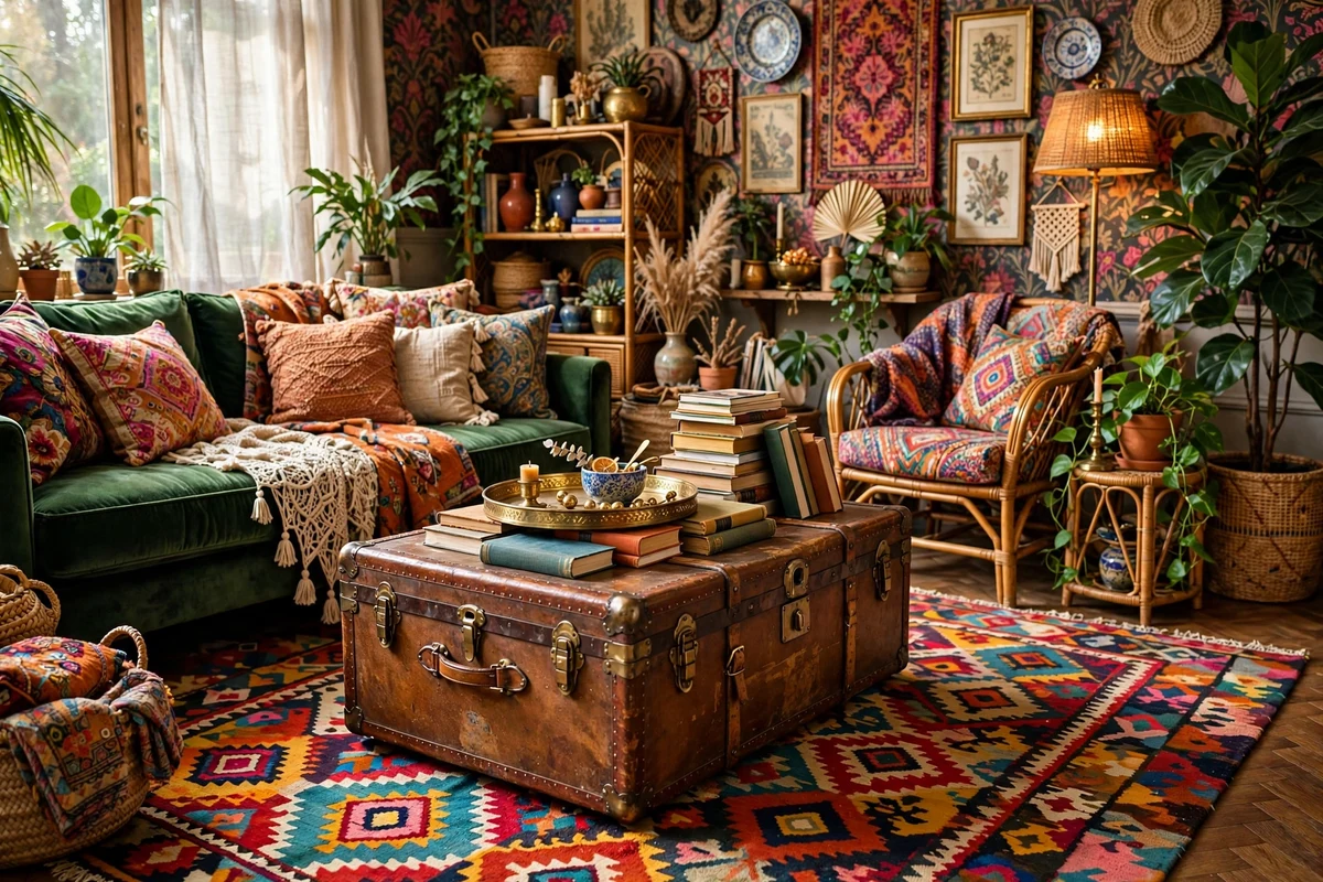 Maximalist living room with vintage leather steamer trunk as coffee table